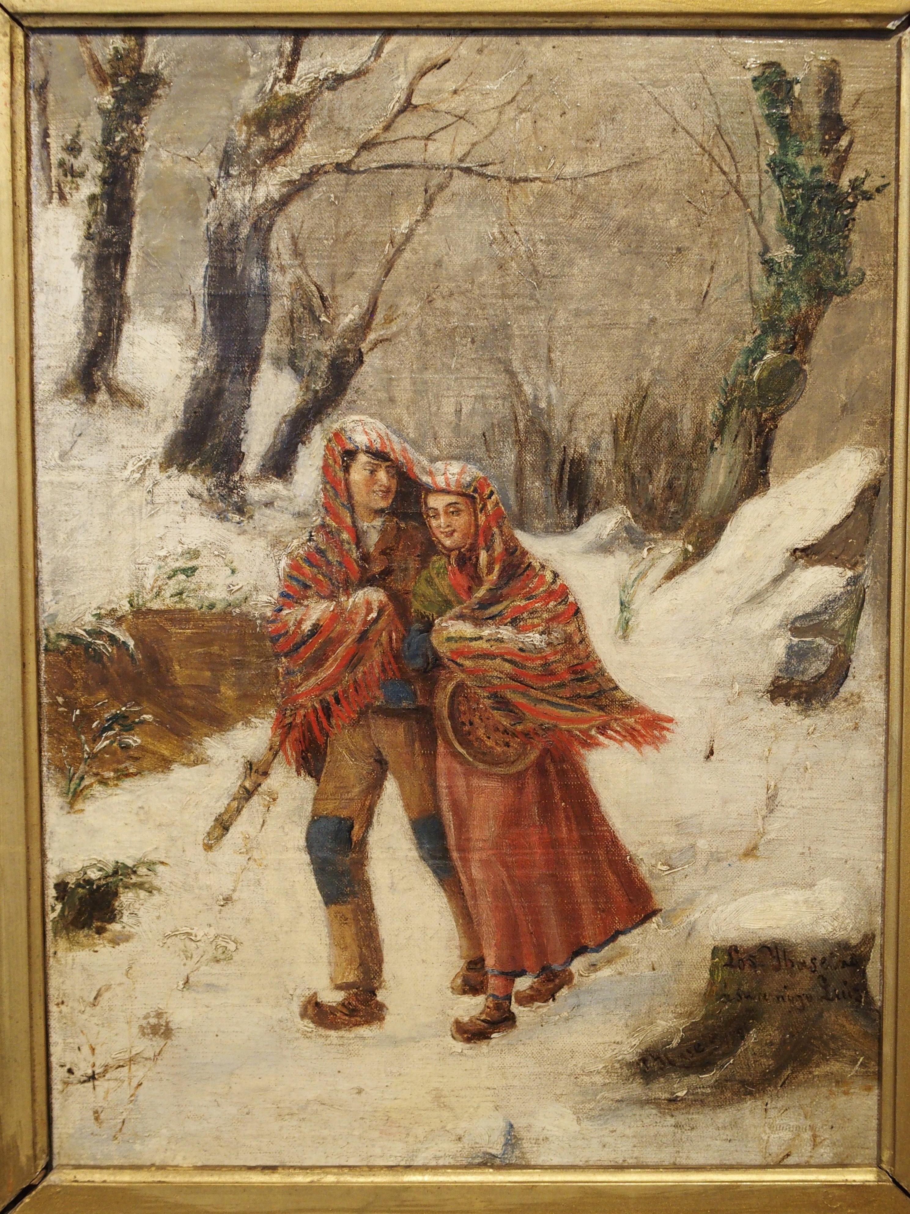 Canvas Antique Winter Scene Painting of a Couple Walking, Dated 1881