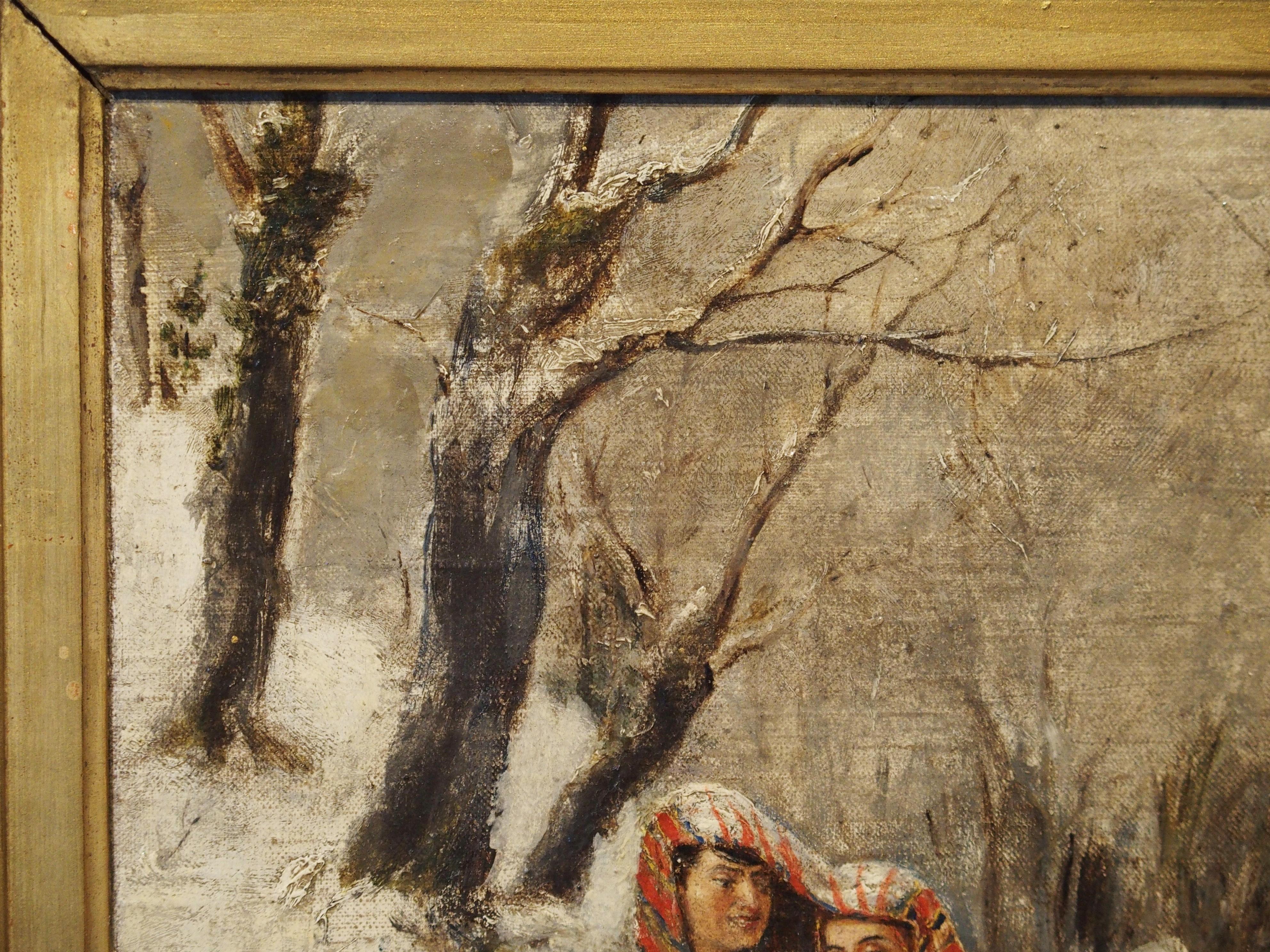 Antique Winter Scene Painting of a Couple Walking, Dated 1881 1