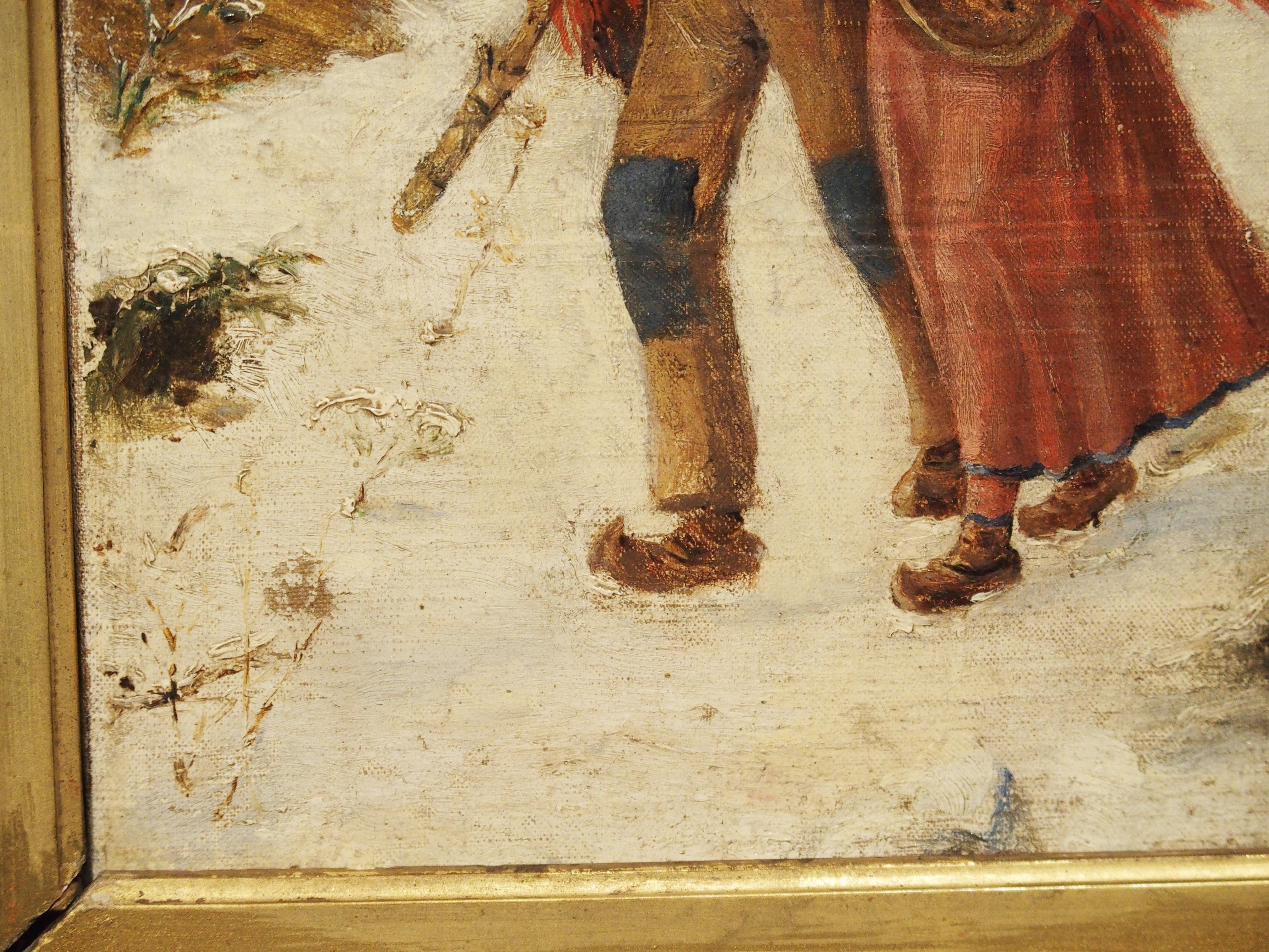 Antique Winter Scene Painting of a Couple Walking, Dated 1881 2
