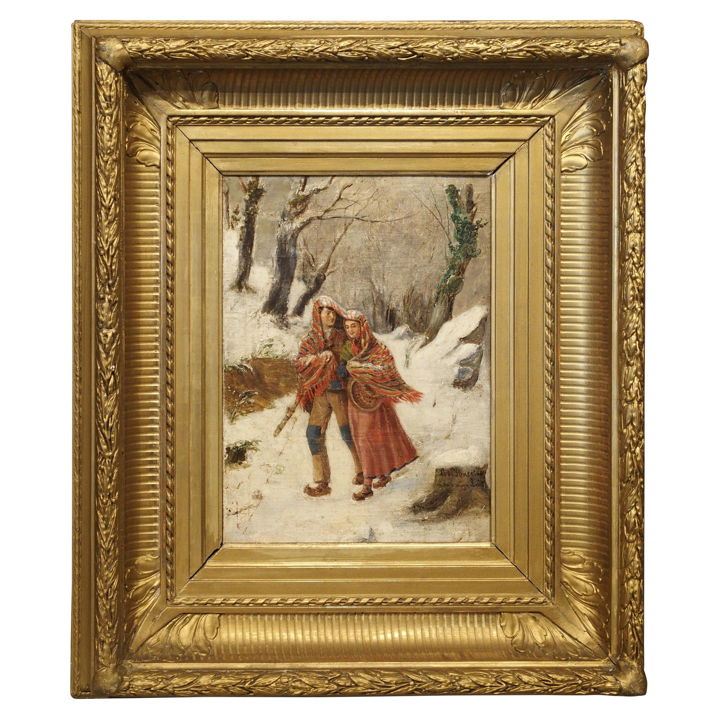Antique Winter Scene Painting of a Couple Walking, Dated 1881