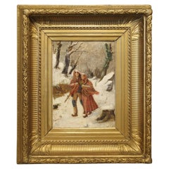 Antique Winter Scene Painting of a Couple Walking, Dated 1881