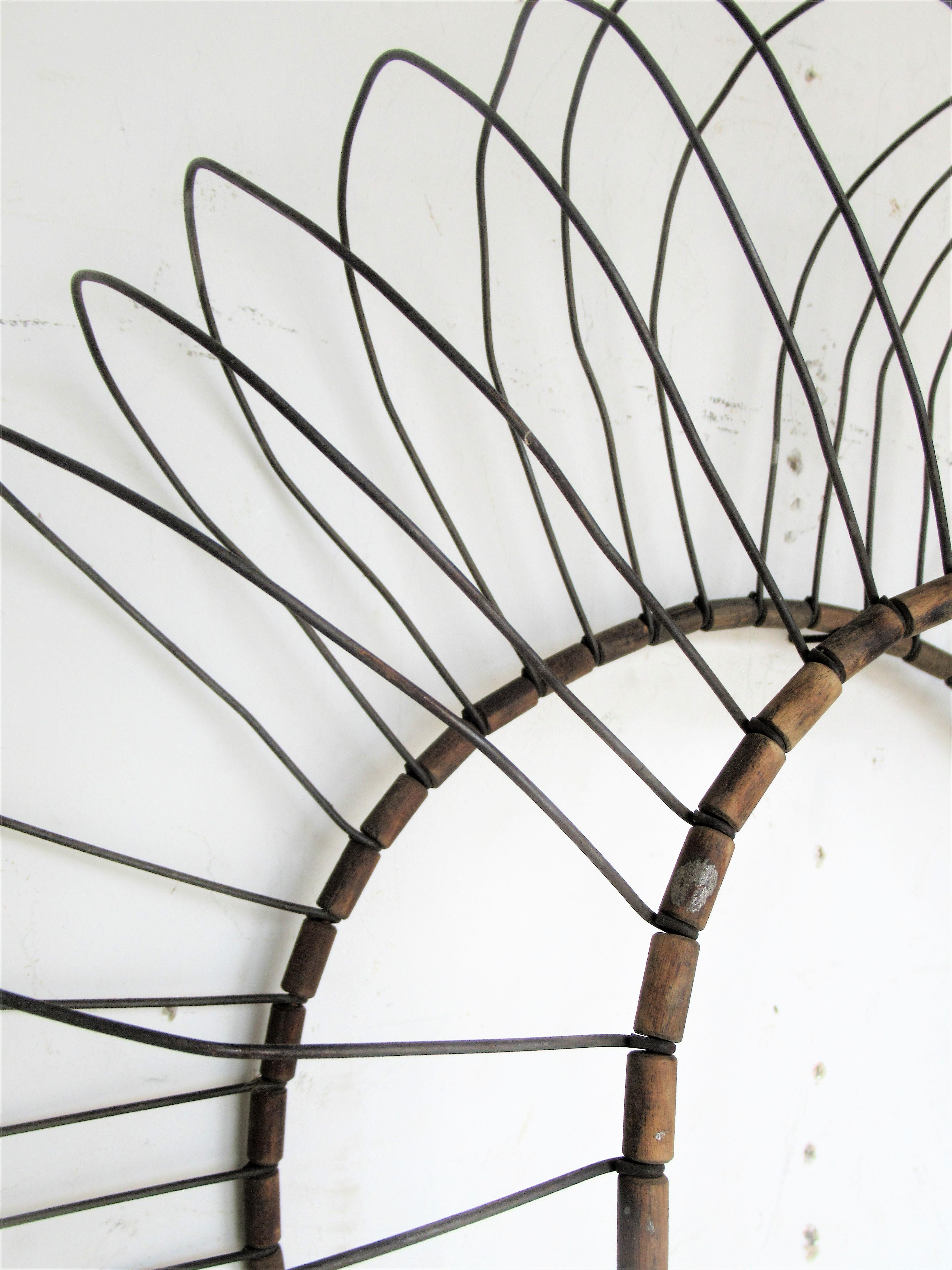 Antique Wire and Wood Sunburst Wall Sculpture  7