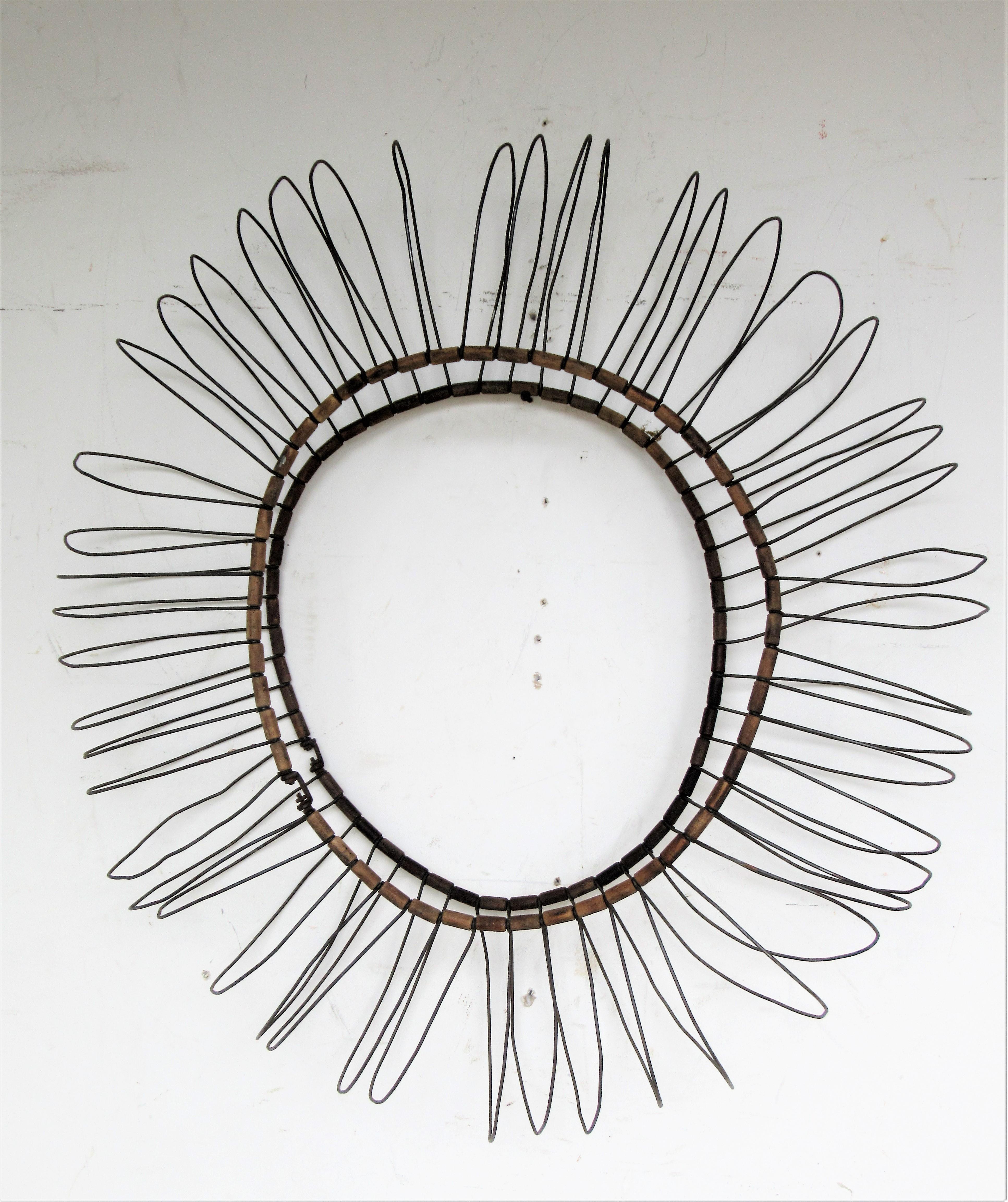 Antique Wire and Wood Sunburst Wall Sculpture  8