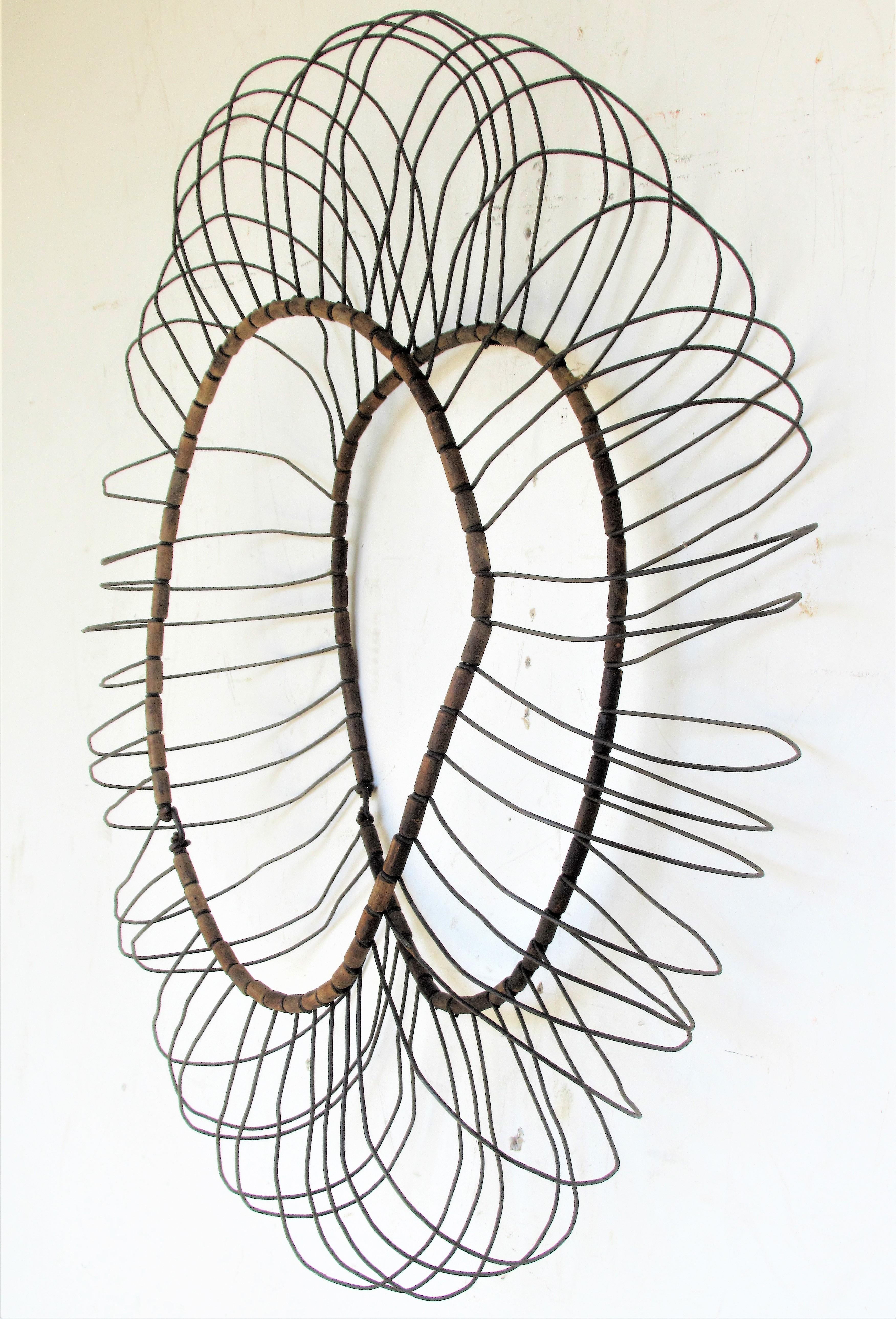 Antique Wire and Wood Sunburst Wall Sculpture  15