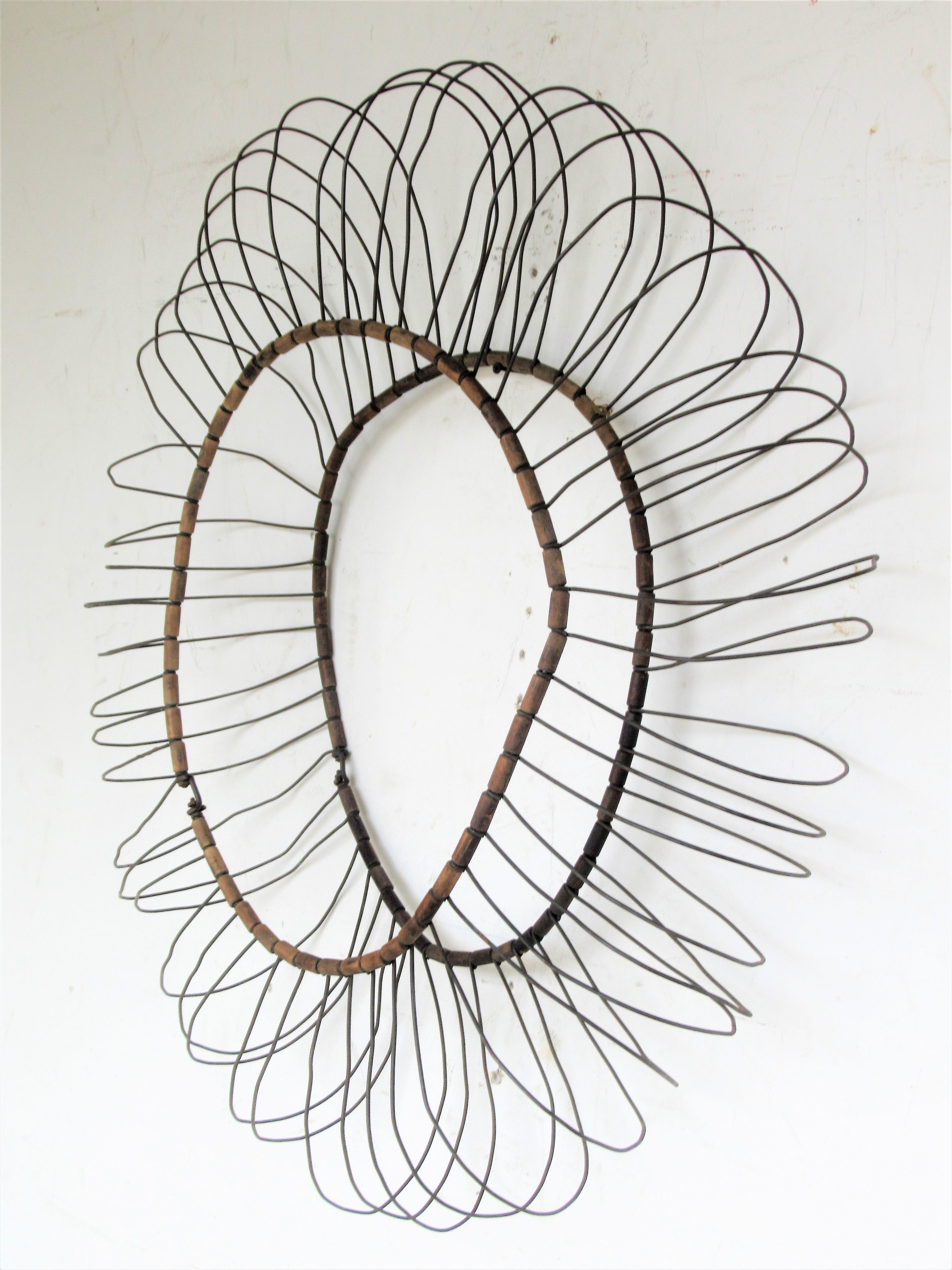 Antique Wire and Wood Sunburst Wall Sculpture  In Good Condition In Rochester, NY