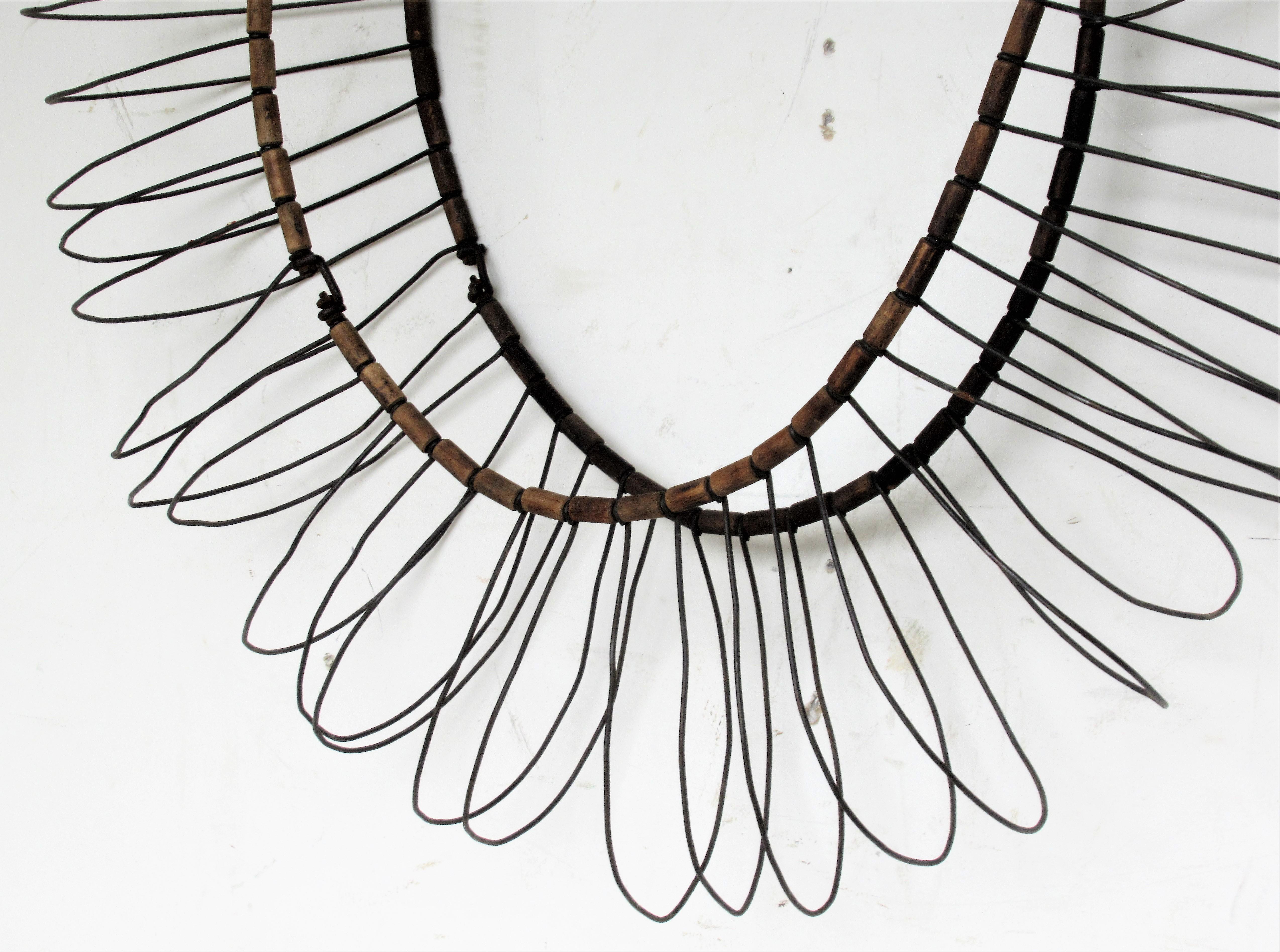 Antique Wire and Wood Sunburst Wall Sculpture  1