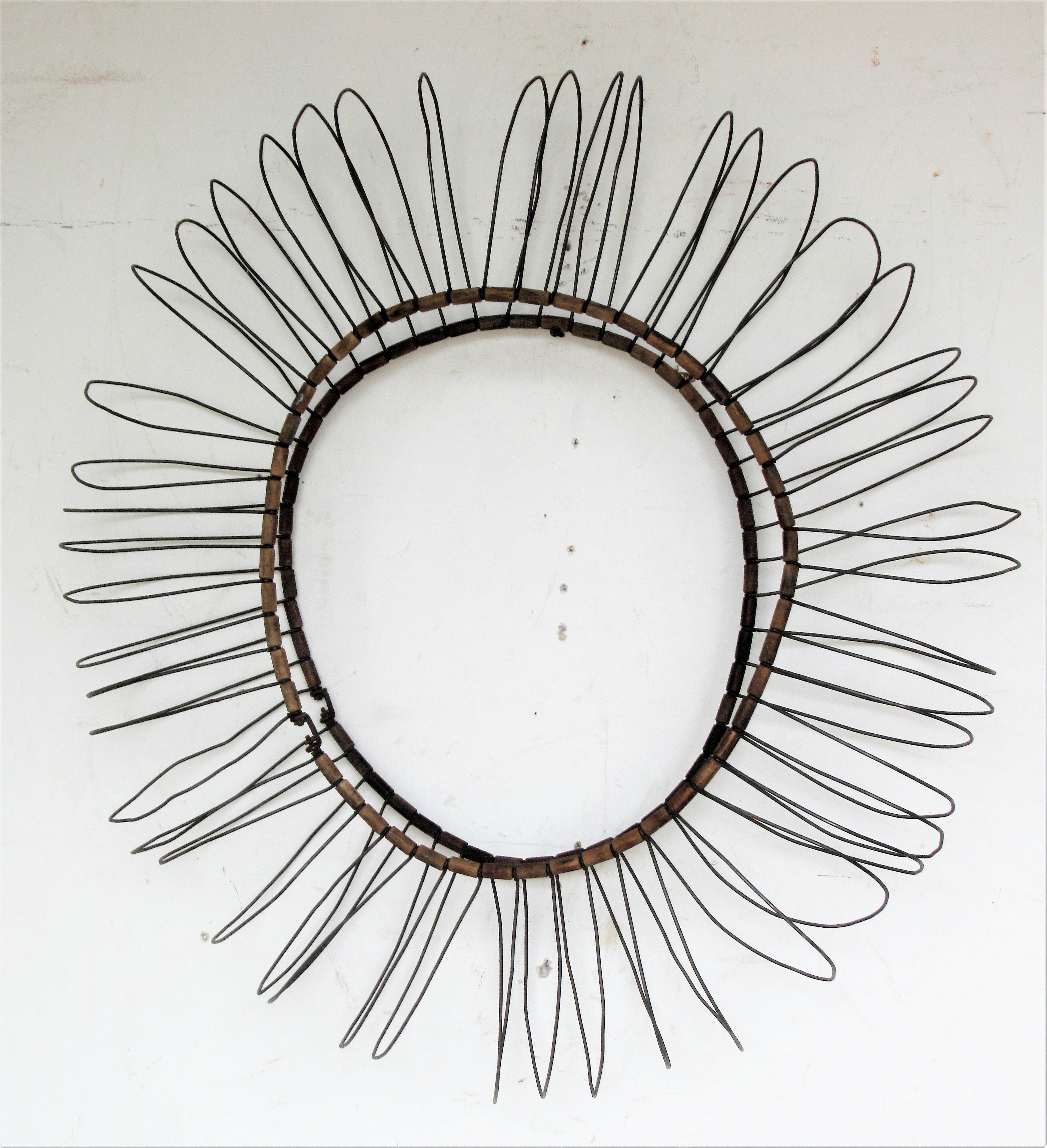 Antique Wire and Wood Sunburst Wall Sculpture  2