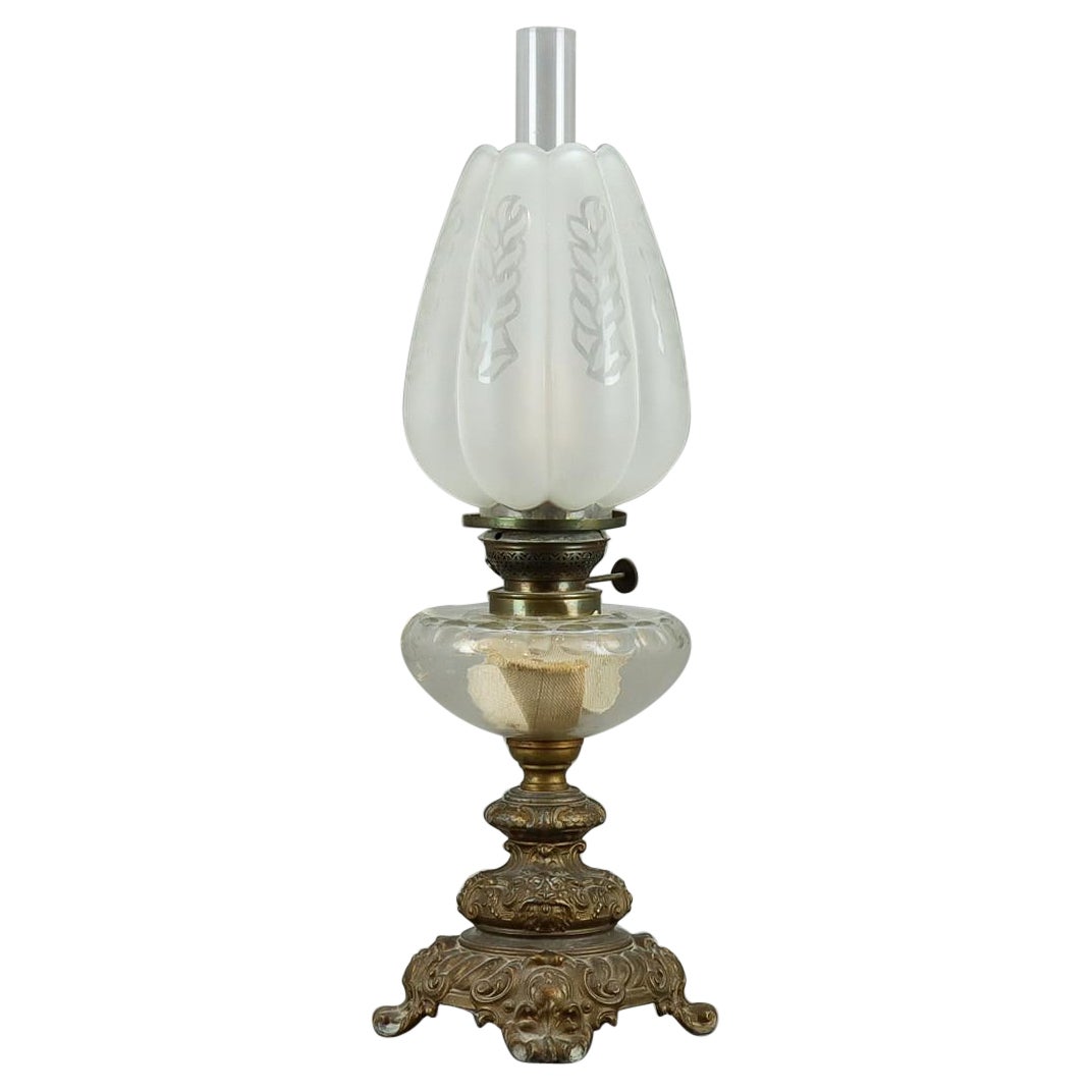 LÁMPARA DE MESA Antigua con Cable Eléctrico  Enchufa  Copa de Bronce y Cristal Art Decó
