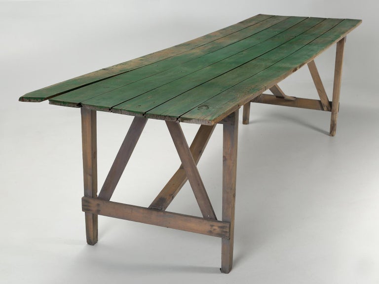 Country Antique Wisconsin Farm Table in Original Green Paint, Unrestored For Sale