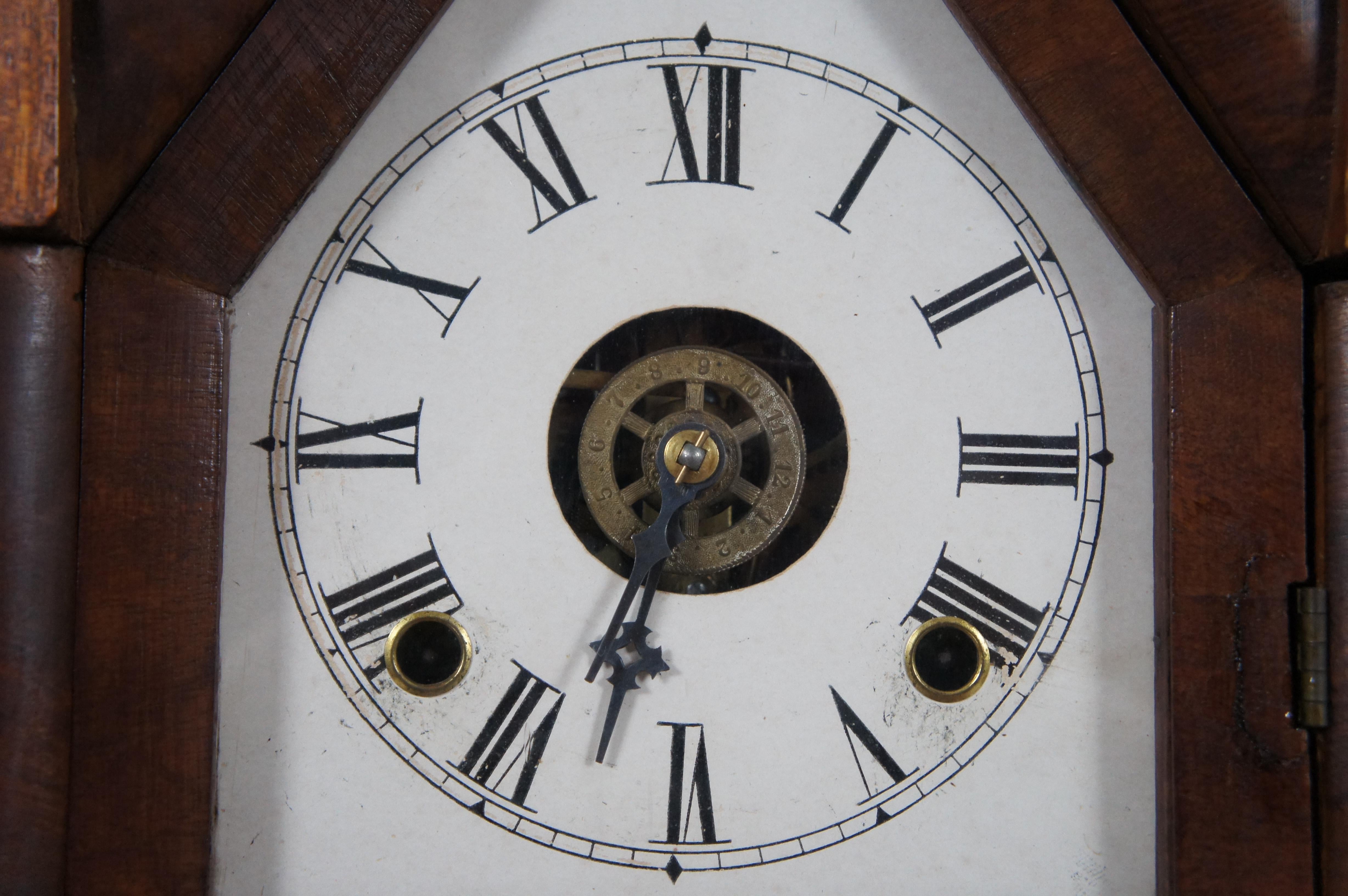19th Century Antique Wm Gilbert Gothic Mahogany Reverse Painted Mantel Steeple Clock