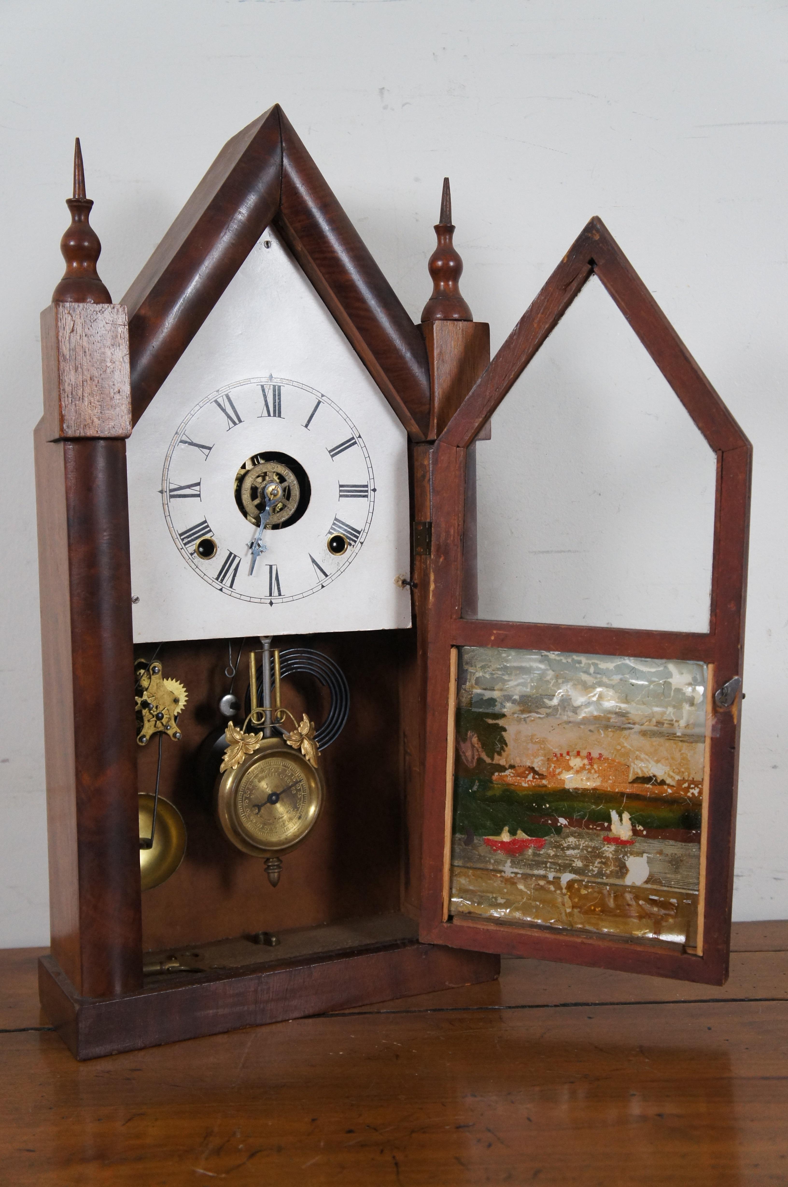 Antique Wm Gilbert Gothic Mahogany Reverse Painted Mantel Steeple Clock 1