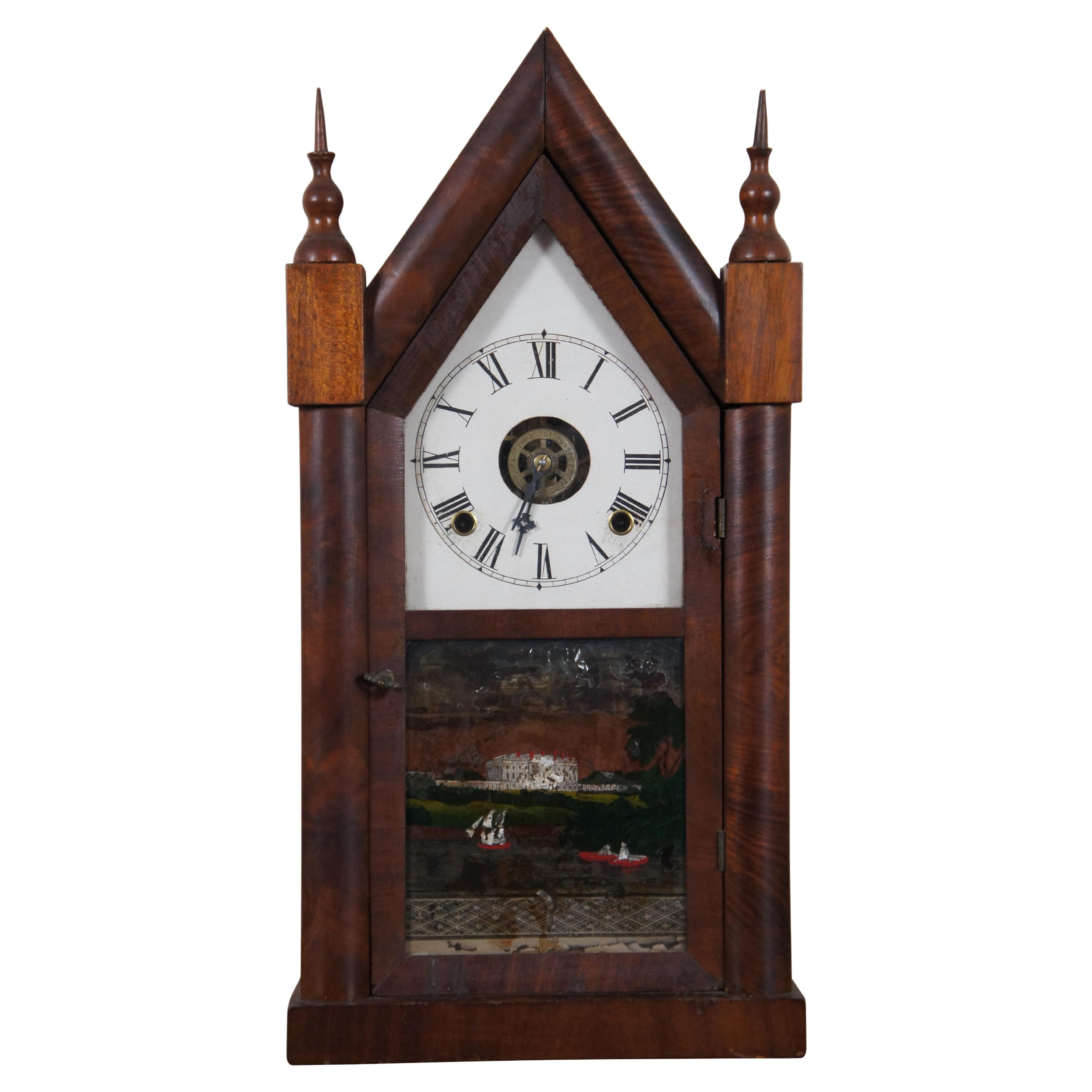 Antique Wm Gilbert Gothic Mahogany Reverse Painted Mantel Steeple Clock