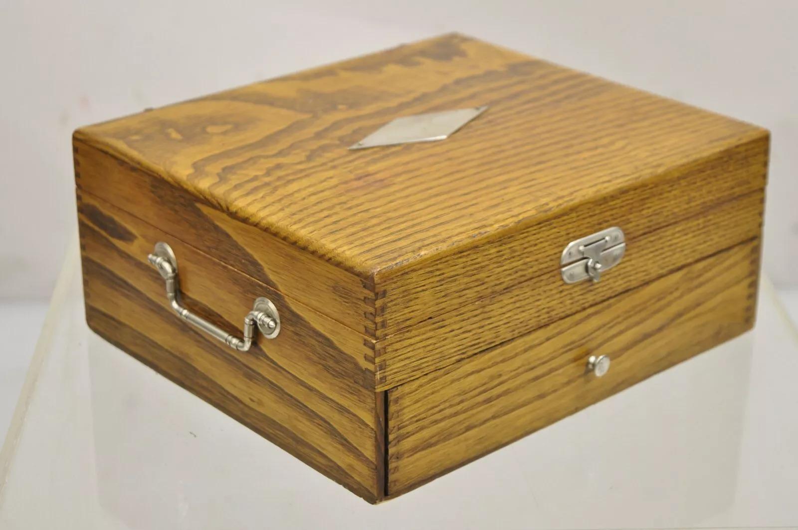 Antique WM Rogers Oak Small Flatware Silverware Storage Box with Drawer and Fabric Lined Fitted Interior. Circa Early 20th Century. Measurements: 4.5
