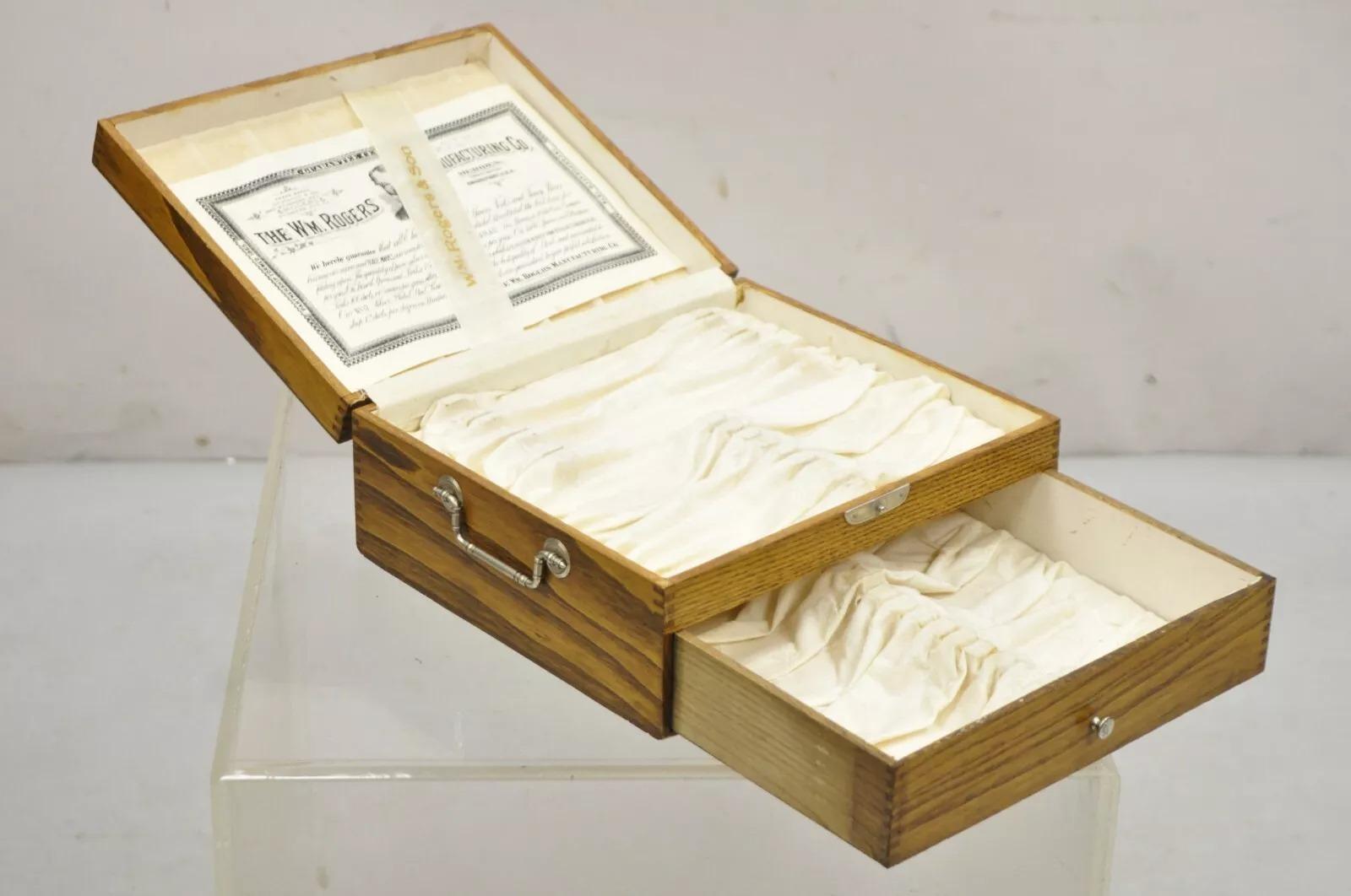 Victorian Antique WM Rogers Oak Small Flatware Silverware Storage Box with Drawer For Sale