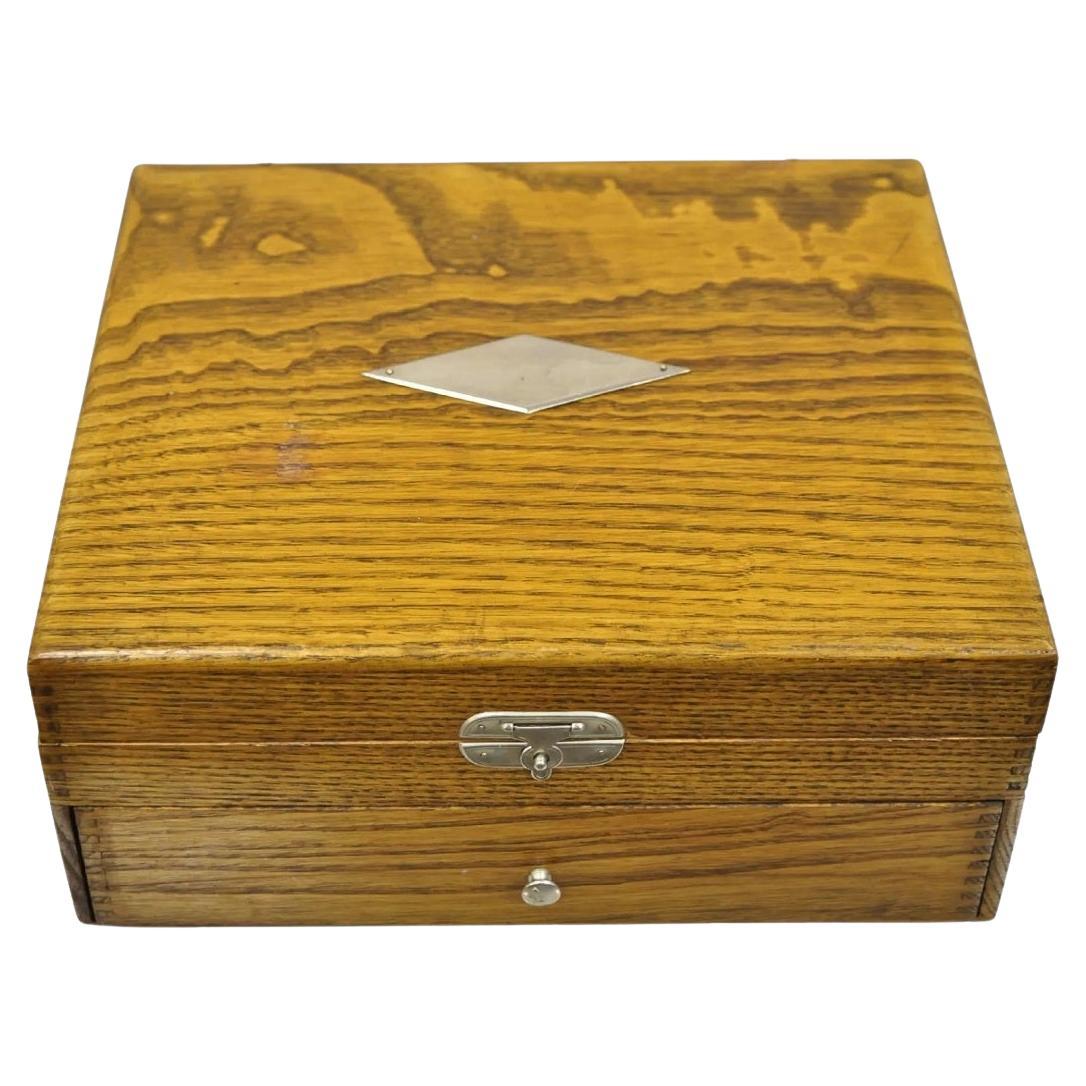 Antique WM Rogers Oak Small Flatware Silverware Storage Box with Drawer For Sale
