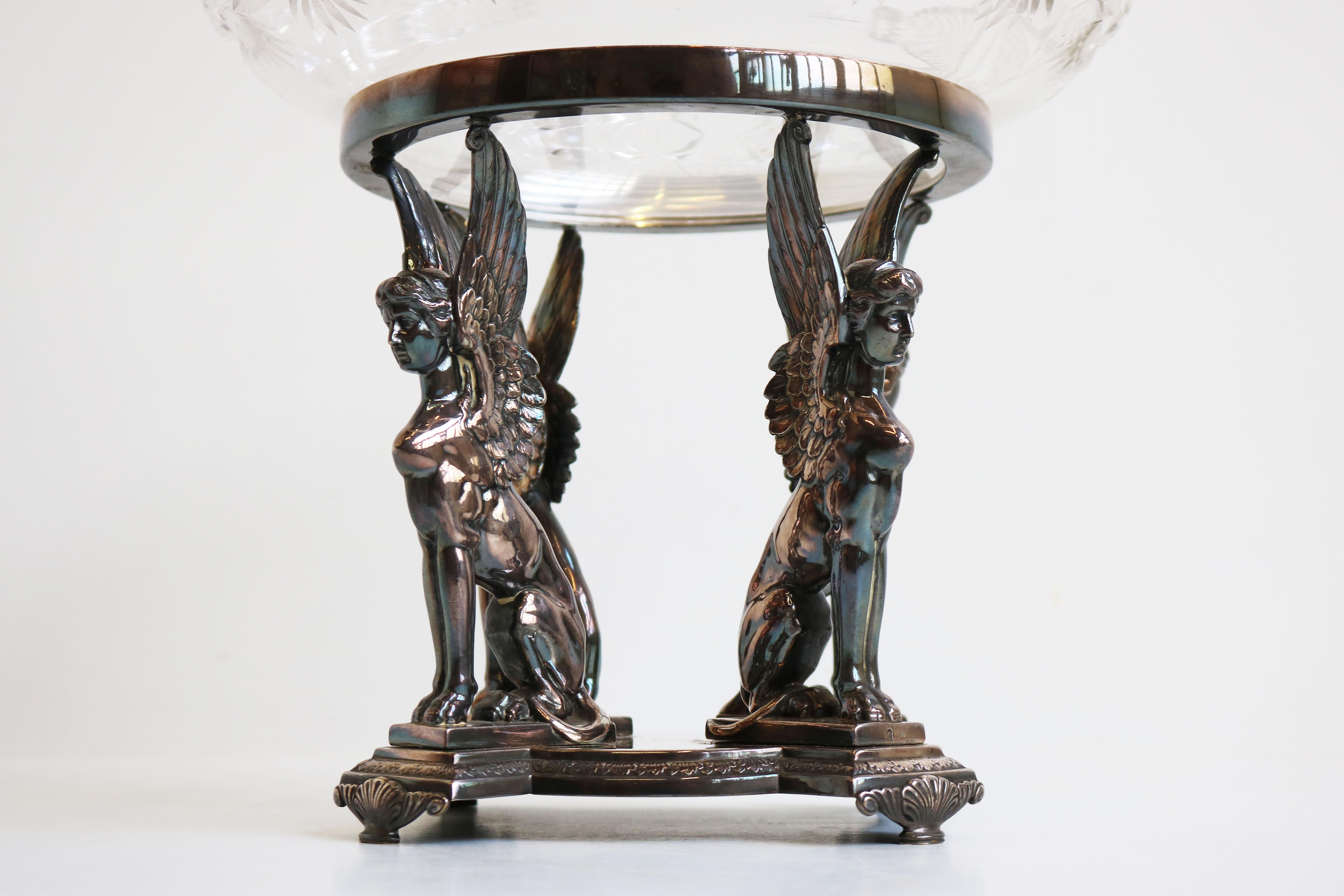 German Antique WMF Art Nouveau Centerpiece Silver Plated Crystal Glass Egyptian Revival For Sale