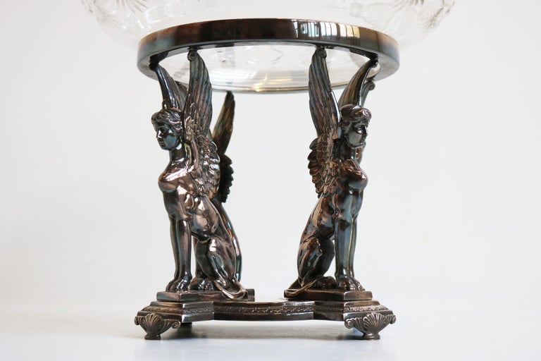 Early 20th Century Antique WMF Art Nouveau Centerpiece Silver Plated Crystal Glass Egyptian Revival For Sale
