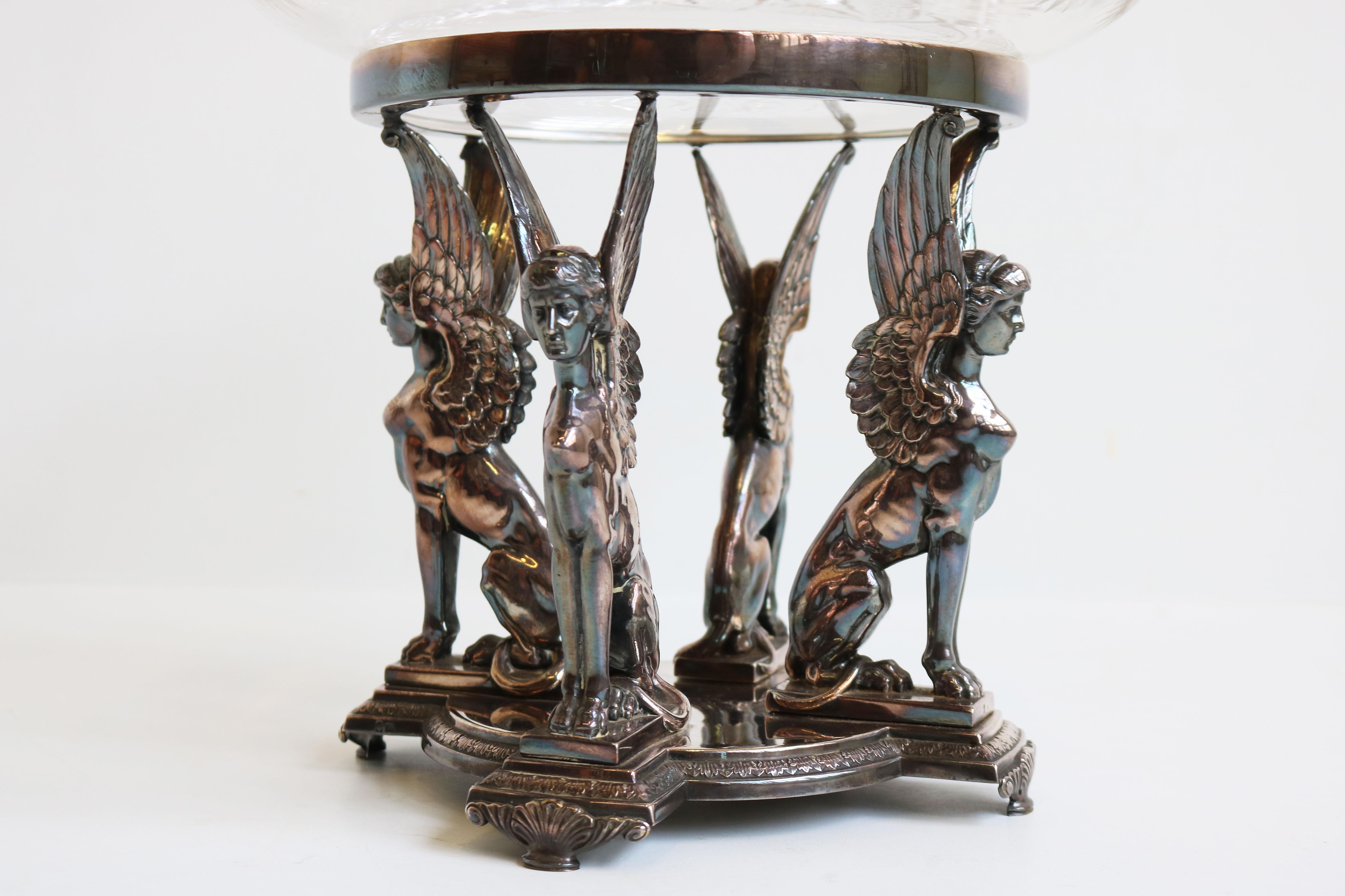 Carved Antique WMF Art Nouveau Centerpiece Silver Plated Crystal Glass Egyptian Revival For Sale
