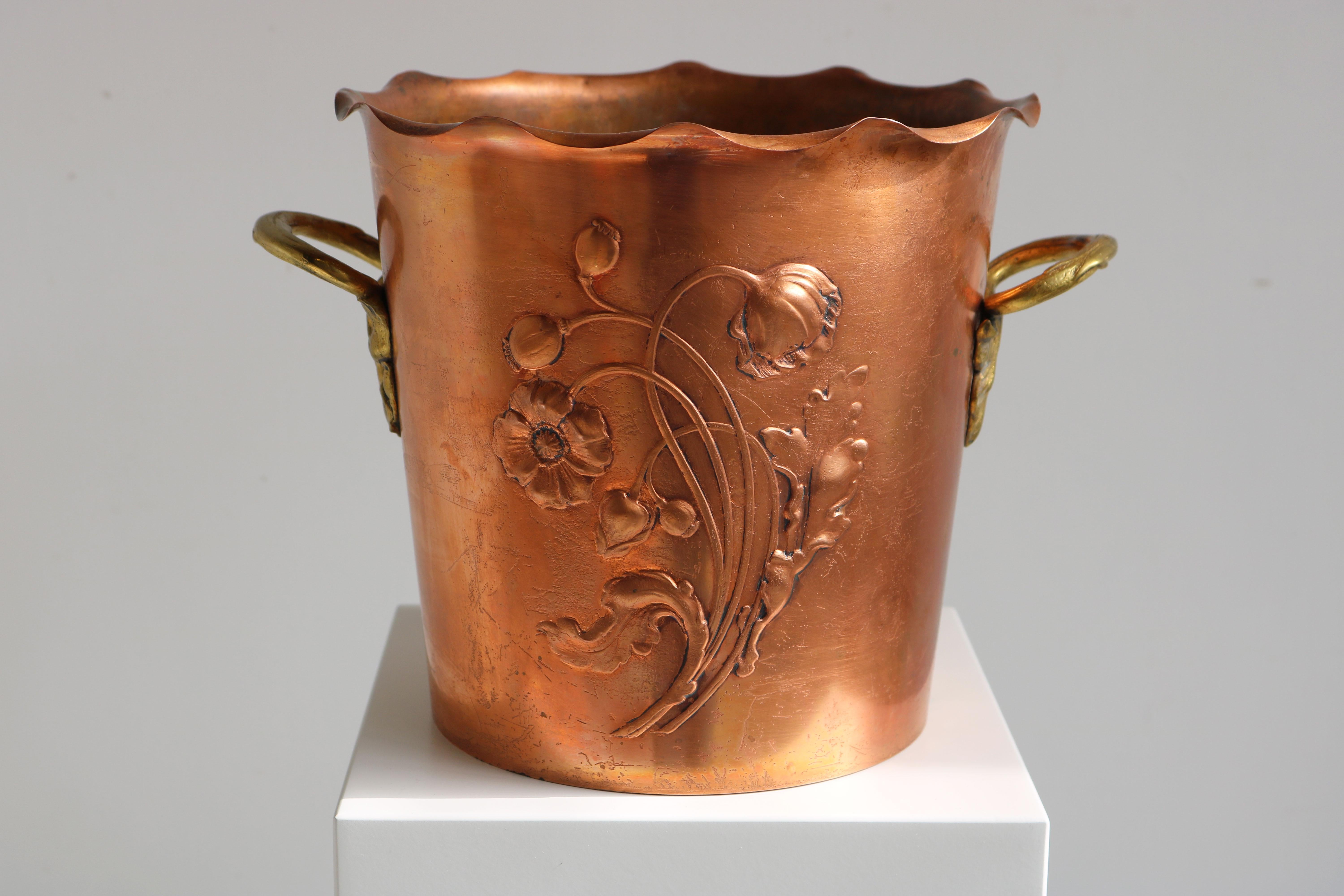 Hand-Crafted Antique WMF Art Nouveau Wine Cooler Champagne Holder Ice Bucket Copper Brass 20s For Sale