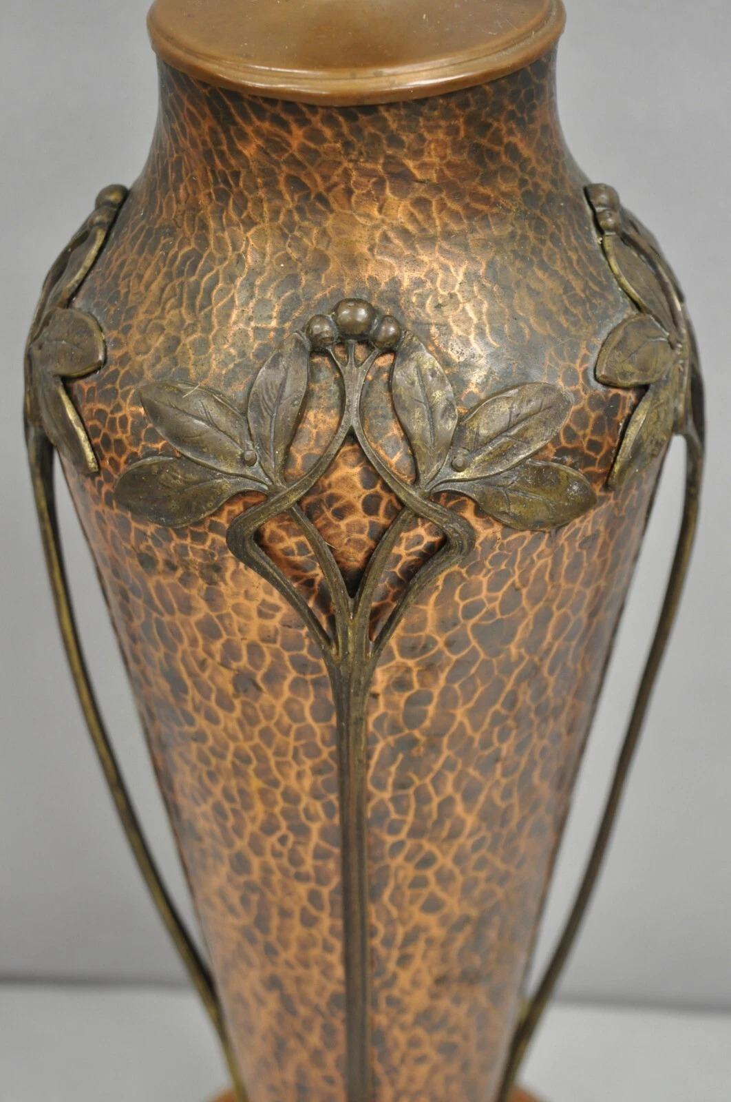 Unknown Antique WMF Jugendstil Art Nouveau Hand Hammered Copper Vase Table Lamp For Sale