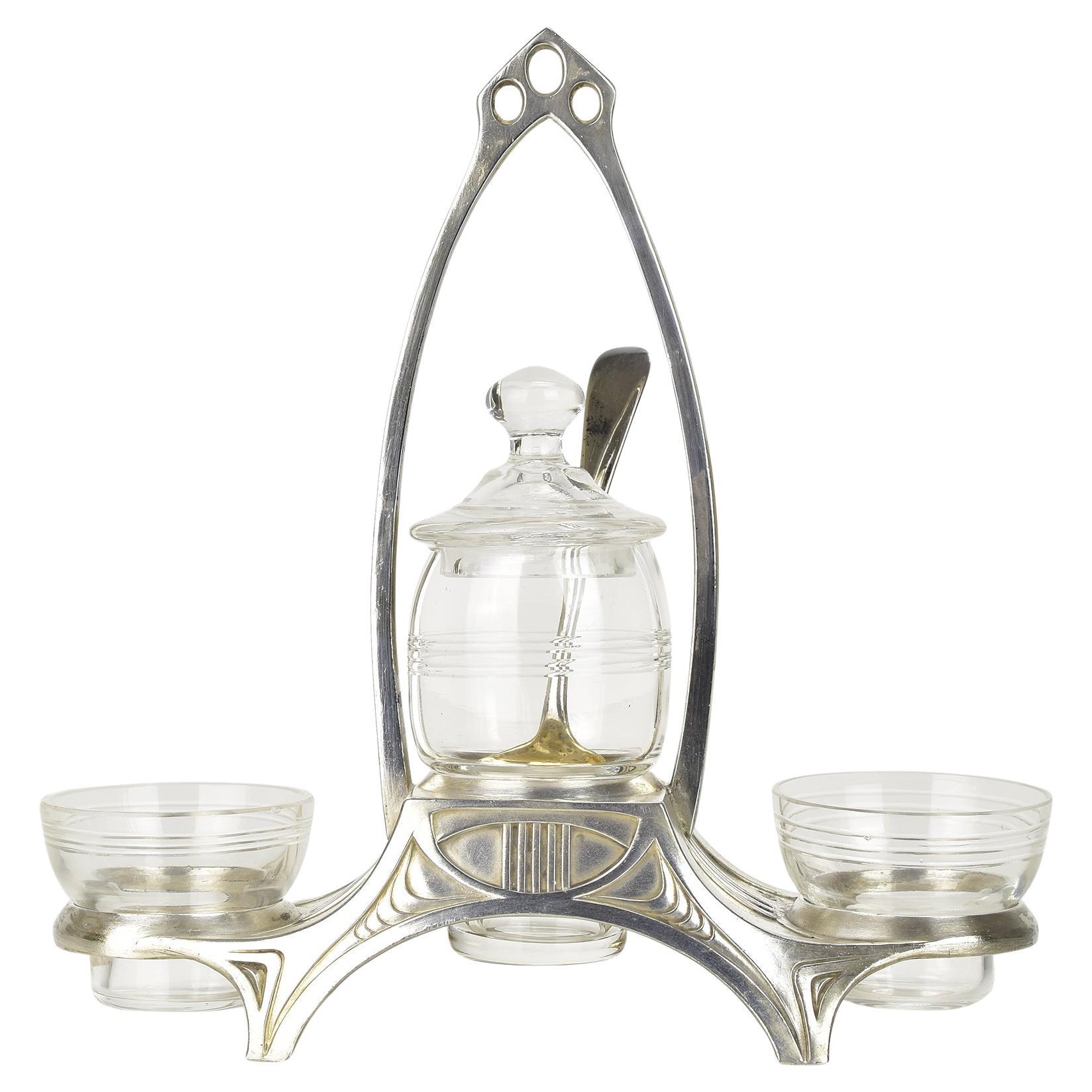 Antique WMF Silver-Plated Art Nouveau Salt Cellar Spice and Mustard Menagere Set