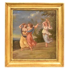 Antique Woman Painting, Muses Dancing, Oil Painting on Canvas, XVIII Century