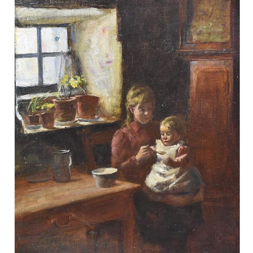 This is a antique Portrait Artwork, portraits of Ladie With Baby a Nineteenth Century setting offers one
Oil painting on canvas, late 19th century. 
English ancient painting. Portraits of interiors of daily life of the nineteenth century. 19th
