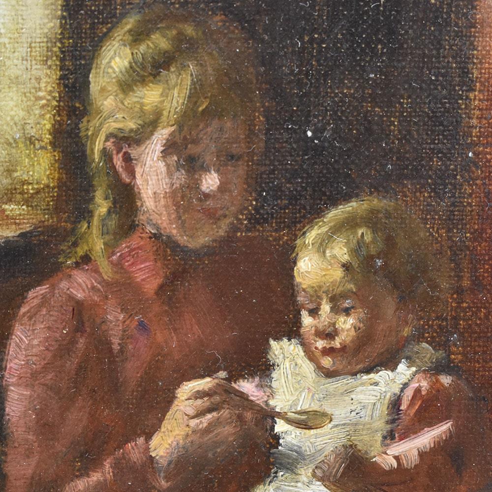 English Antique Woman Portrait Painting, Mom with Baby, Oil on Canvas, XIX Century