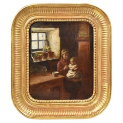 Antique Woman Portrait Painting, Mom with Baby, Oil on Canvas, XIX Century