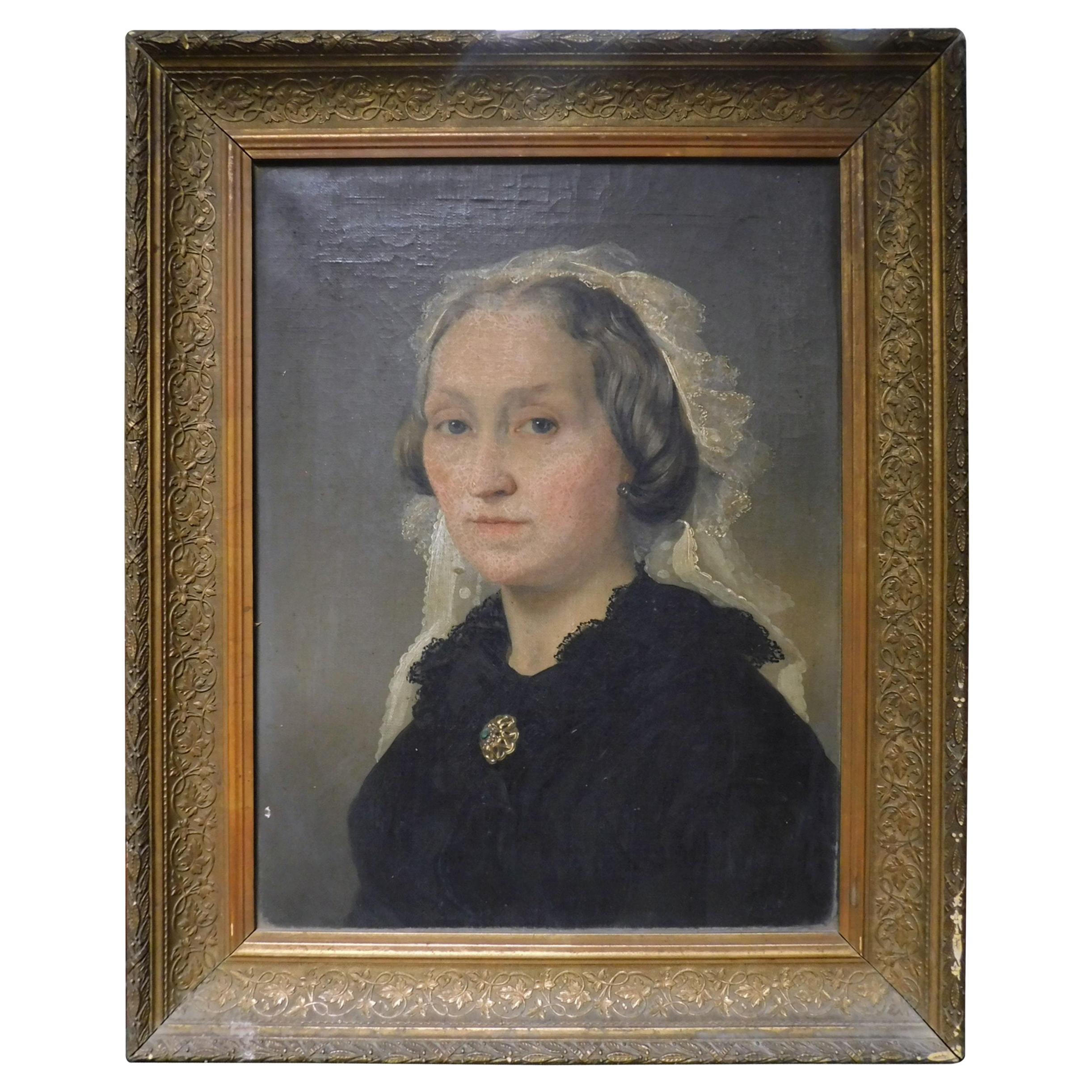 Antique Woman Portrait Painting, Oil on Canvas with Golden Frame, 1800, Italy