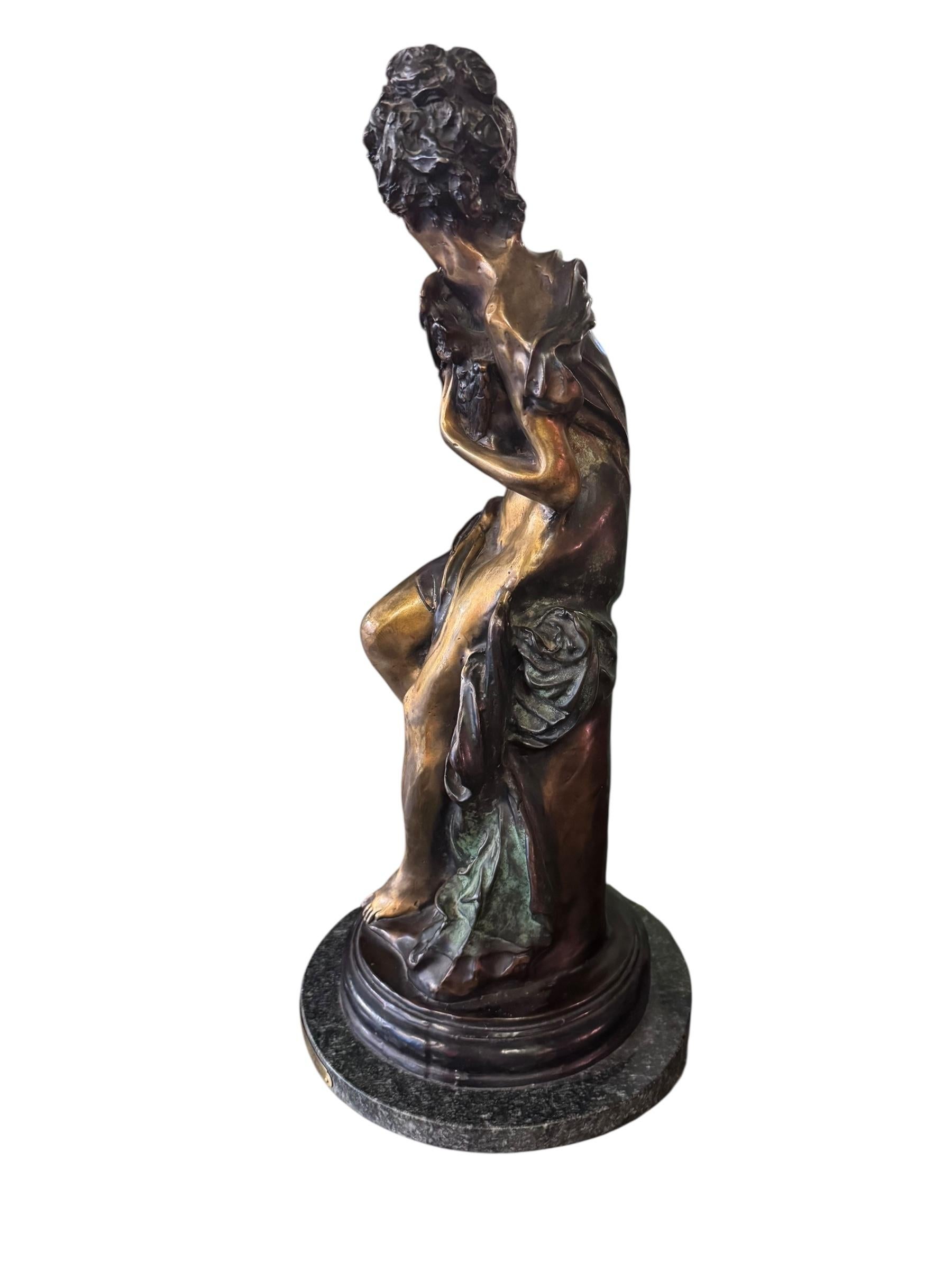 Neoclassical Revival Antique Woman with Doves Bronze Sculpture on a Marble Base by Emmanuel Villanis For Sale