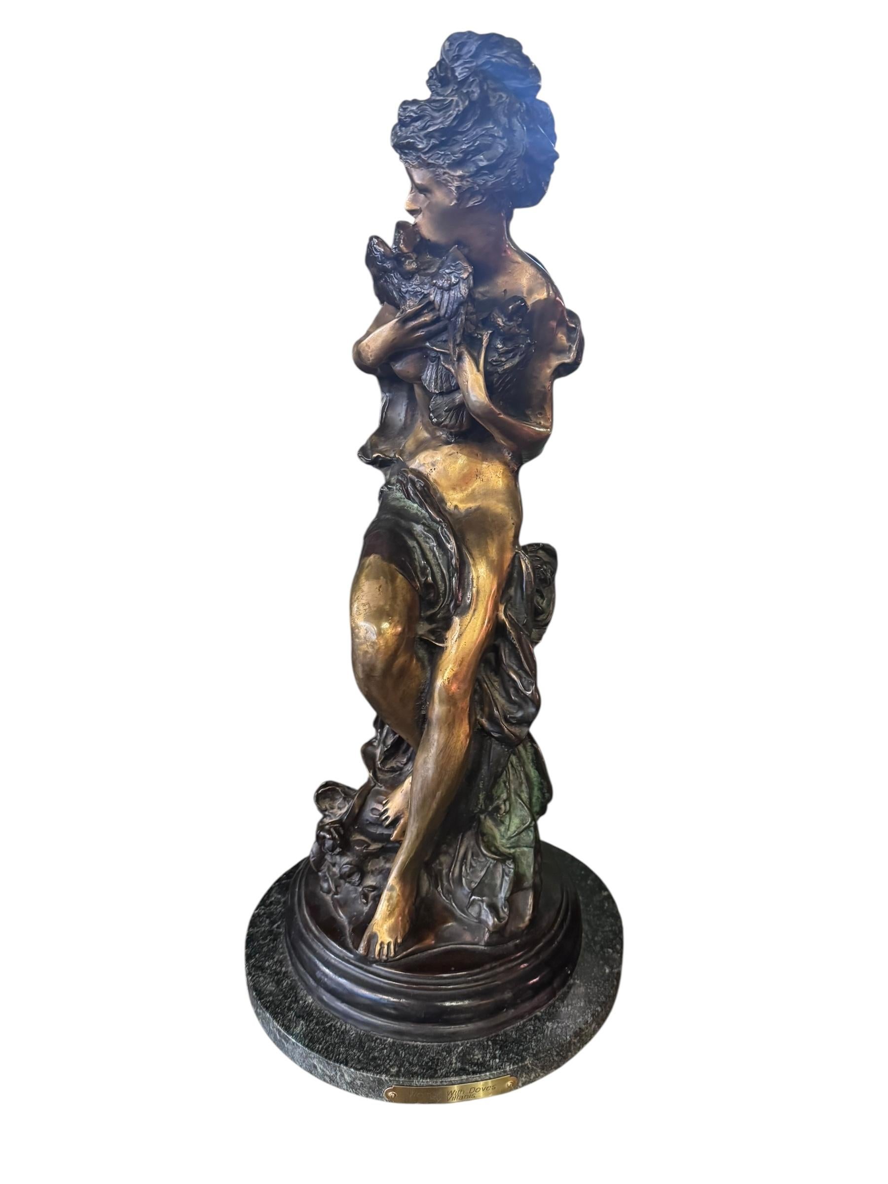 French Antique Woman with Doves Bronze Sculpture on a Marble Base by Emmanuel Villanis For Sale