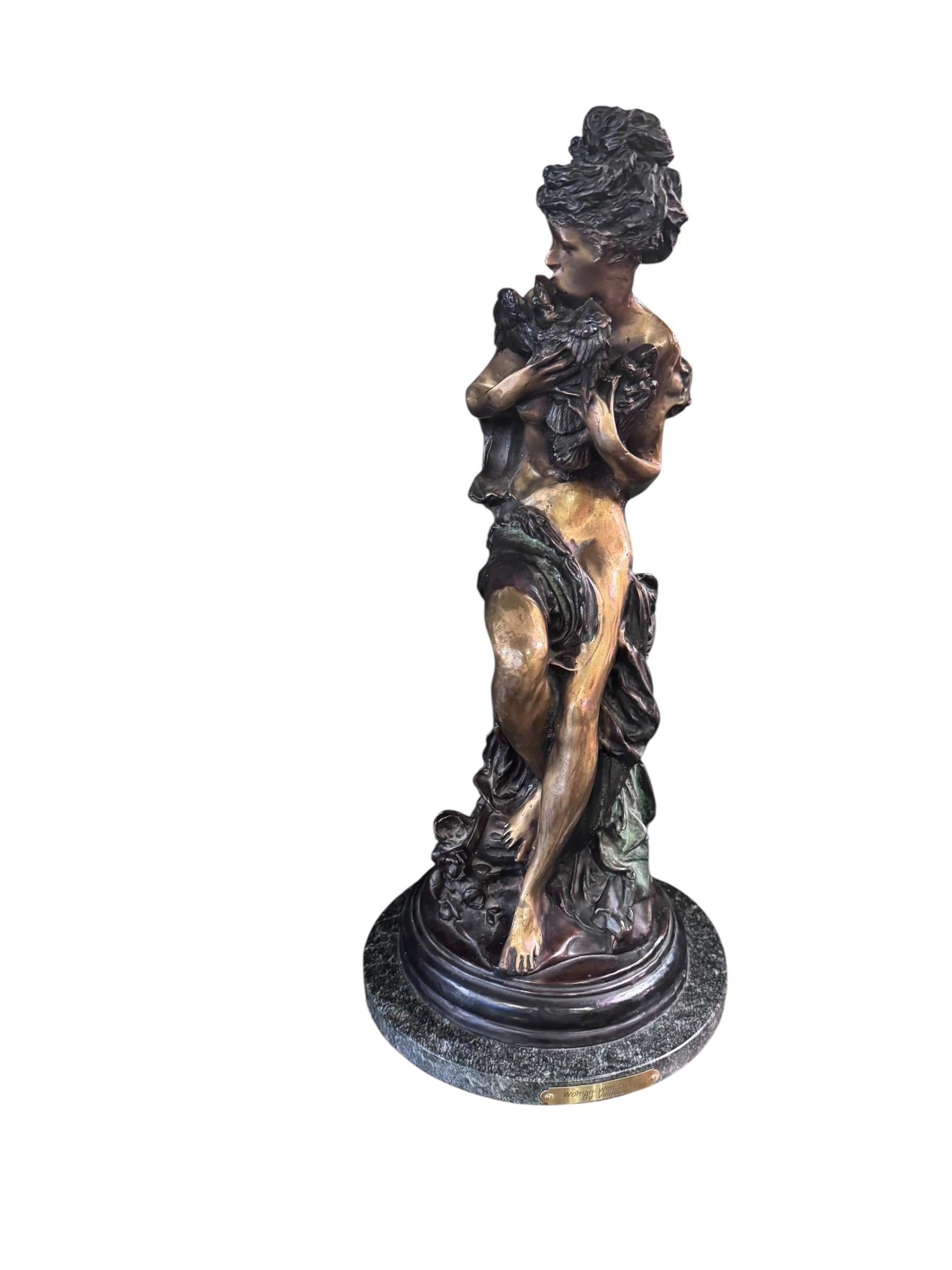 19th Century Antique Woman with Doves Bronze Sculpture on a Marble Base by Emmanuel Villanis For Sale
