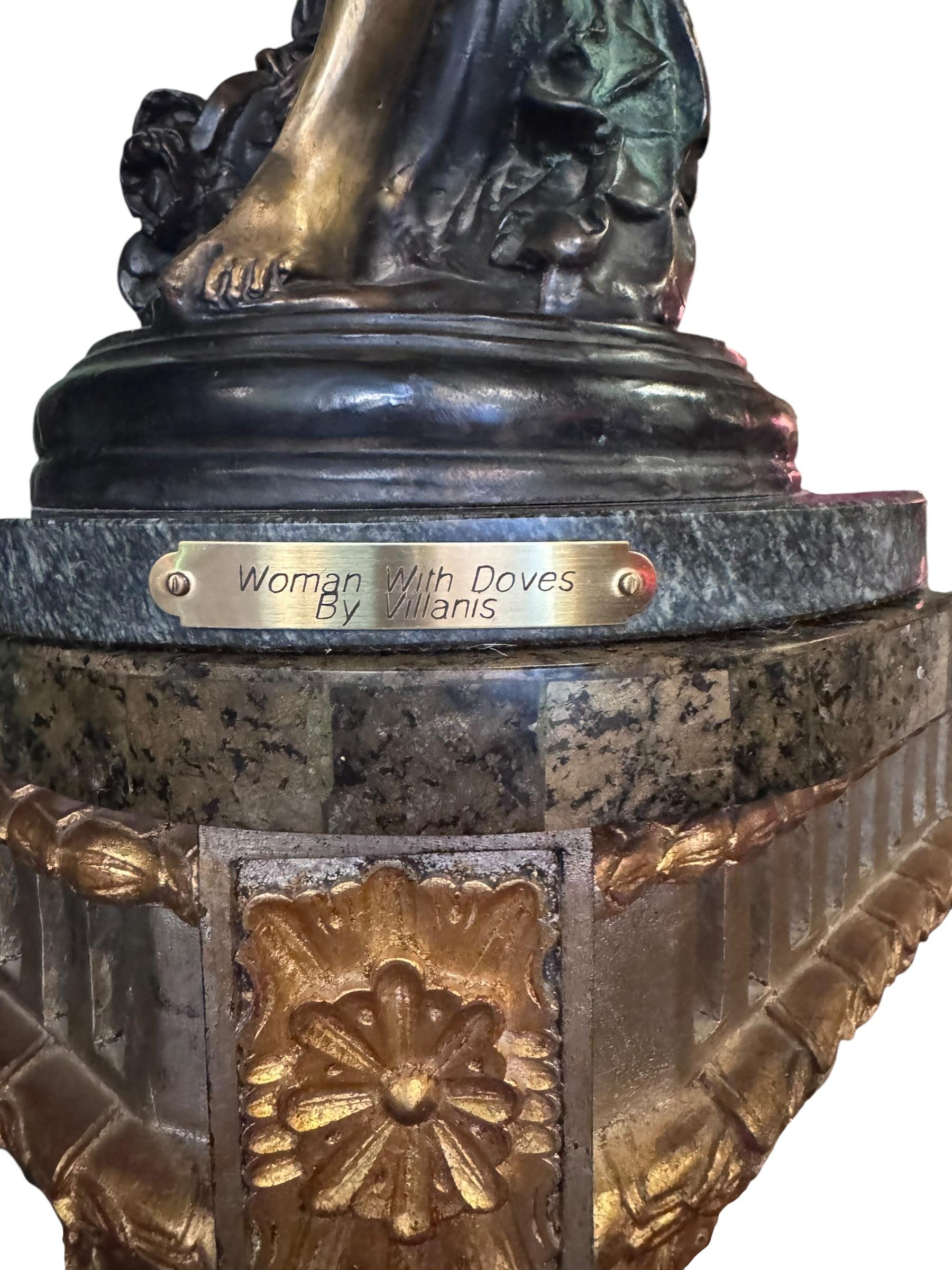 Antique Woman with Doves Bronze Sculpture on a Marble Base by Emmanuel Villanis For Sale 2