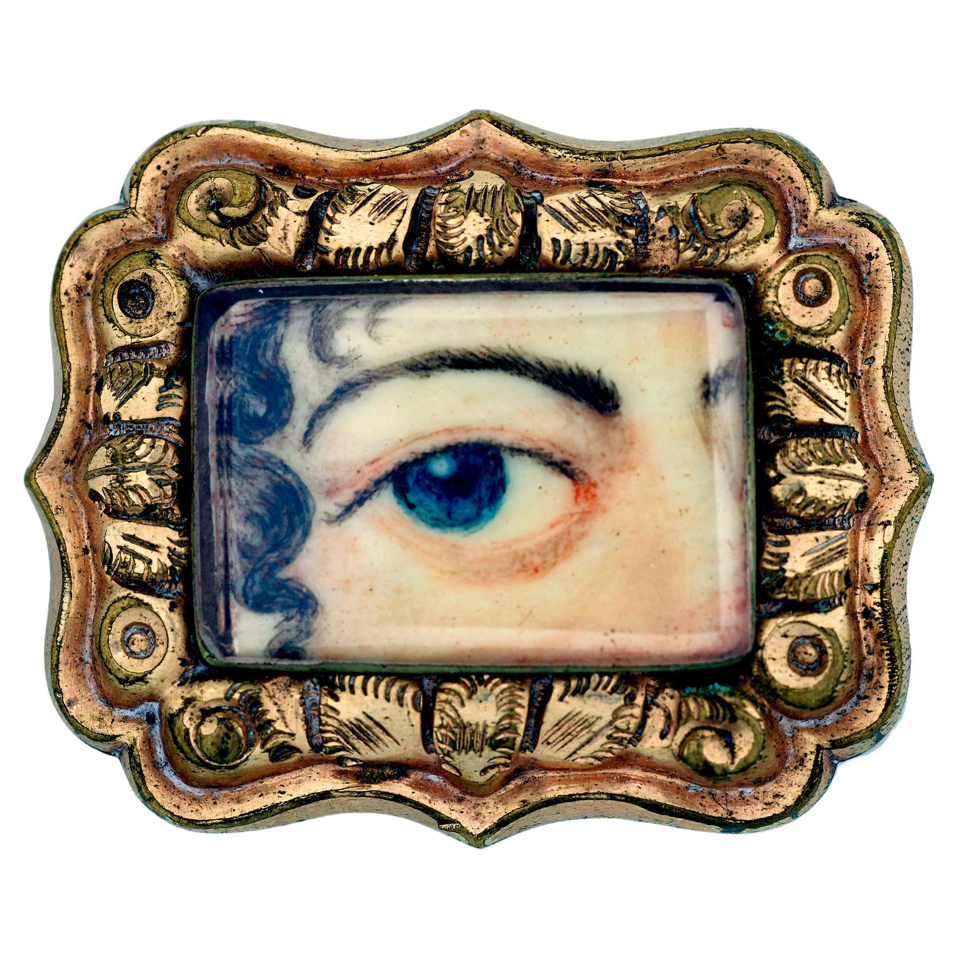 Broche miniature d'antiquité portrait d'une femme avec œil d'amour en vente