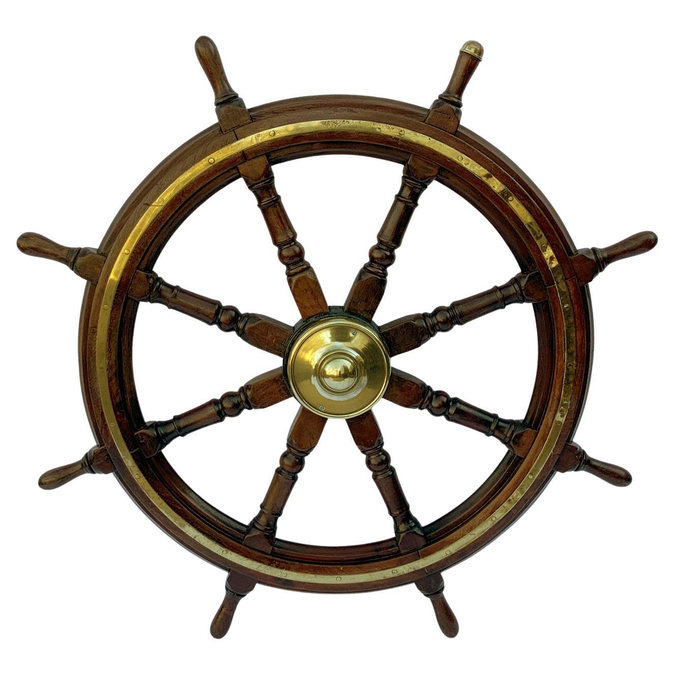 Antique Wood and Brass Ship's Wheel For Sale