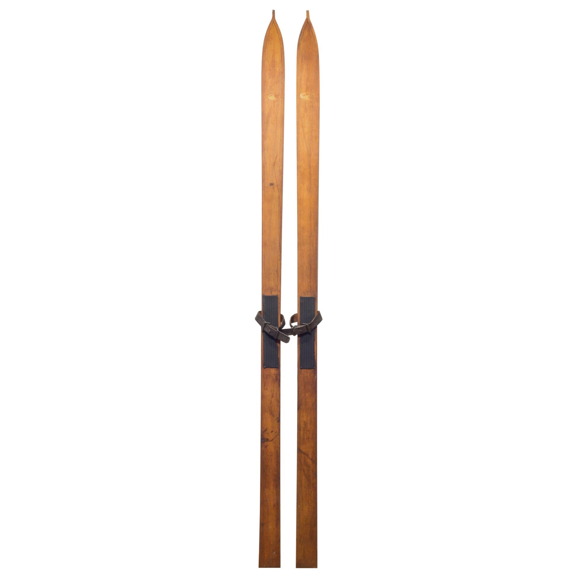 Antique Wood and Leather Skiis, circa 1930-1940