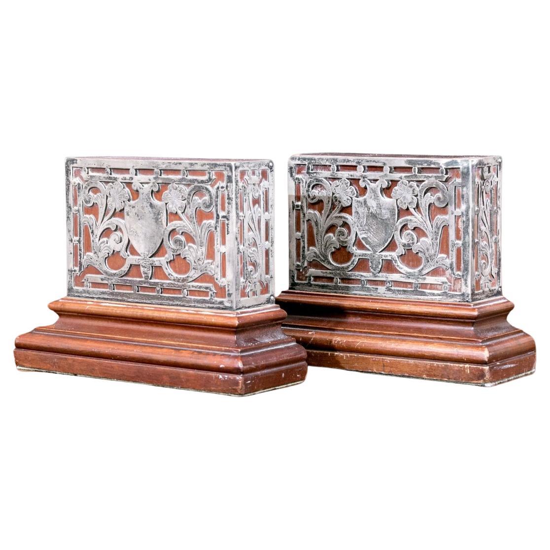 Antique Wood And Sterling Overlay Bookend Pair For Sale