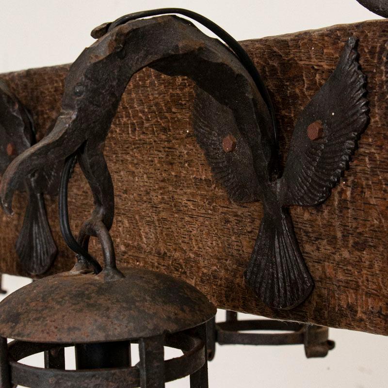 Antique Wood and Wrought Iron Horizontal Chandelier with Carved Gargoyle Heads 4