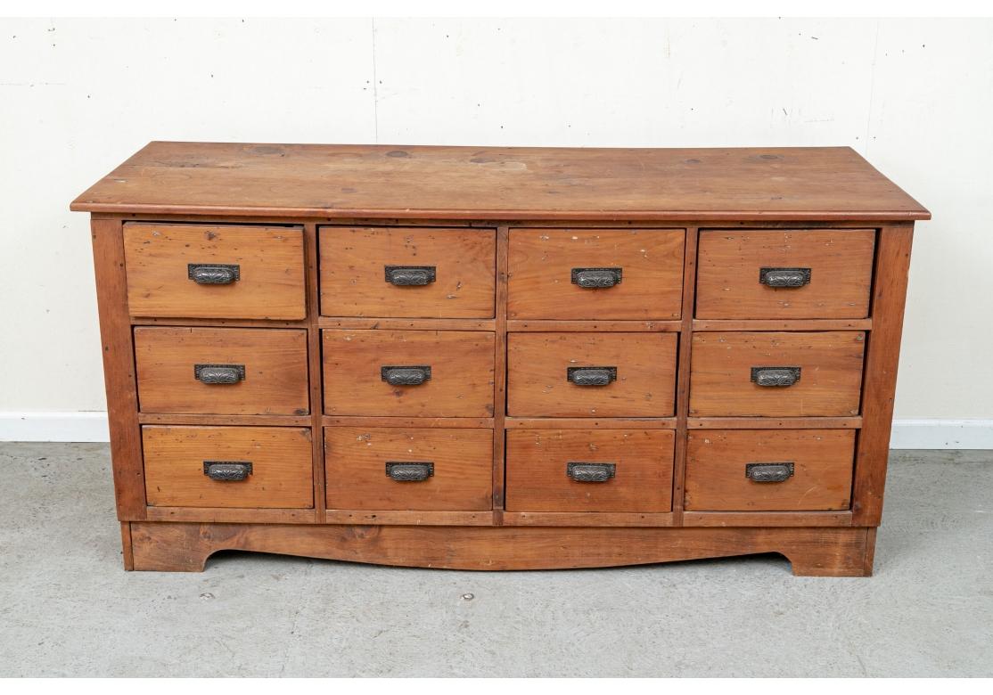 An early 20th century Industrial Era bin cabinet in Apothecary form. Very solidly built with drawers having good capacity and Engraved and Ebonized Bin Pulls. A 12 drawer low cabinet with overhanging top and engraved pulls for the four over four
