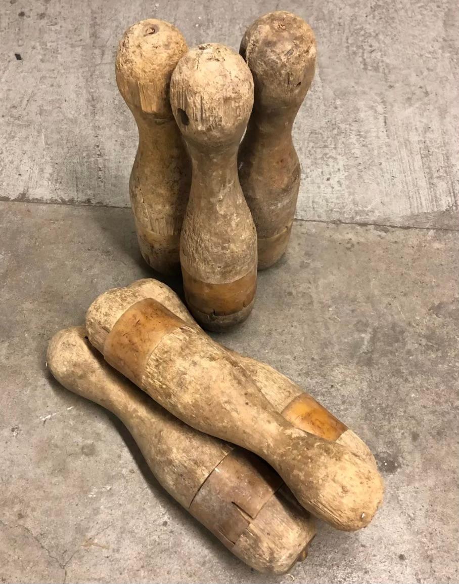 Antique Wood Bowling Pins - Set of 6 In Good Condition For Sale In Sausalito, CA