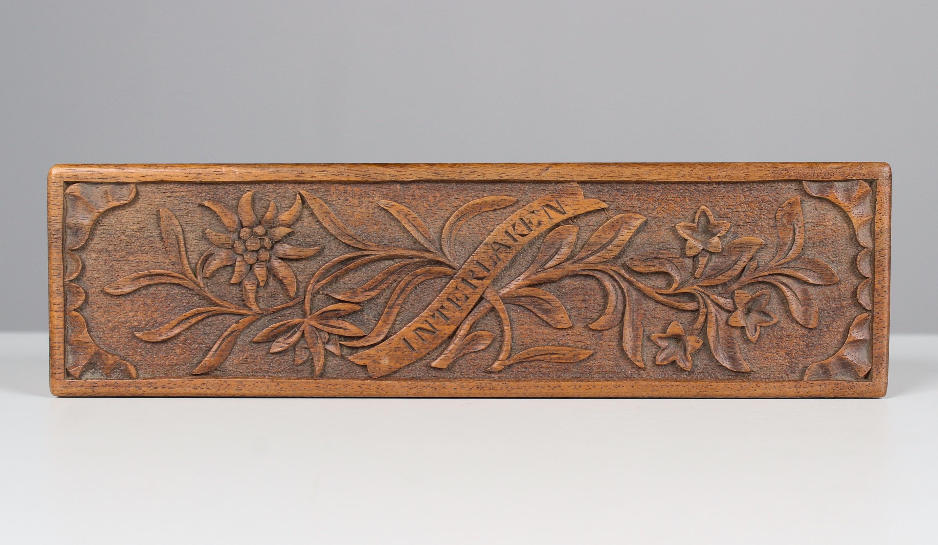 Antique Wood Box With Carvings, Interlaken, Swiss, 1900s For Sale 3