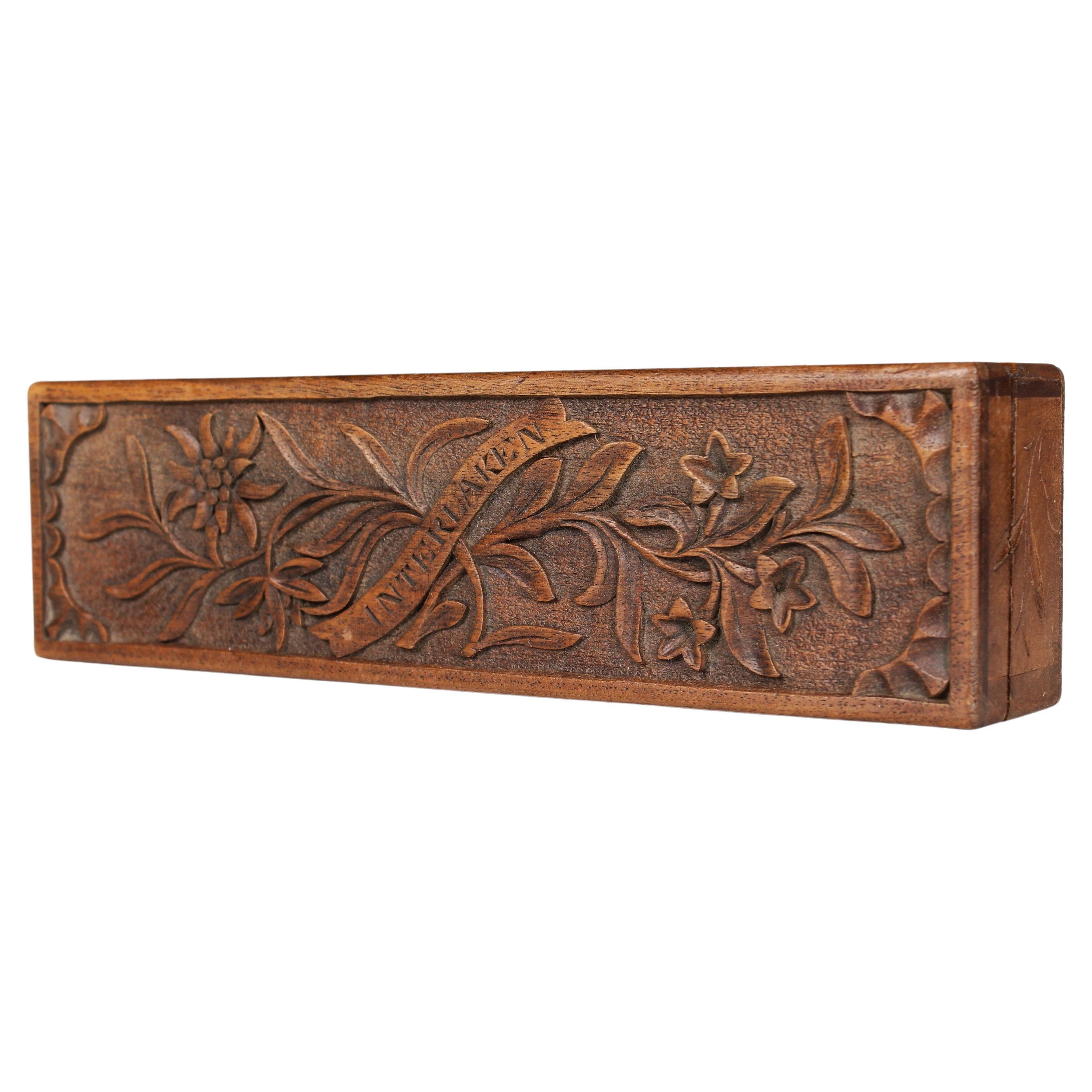 Antique Wood Box With Carvings, Interlaken, Swiss, 1900s For Sale at 1stDibs