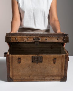 Antique Wood Box with Leather Accents, French Campaign Style, c. 1900