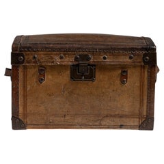 Antique Wood Box with Leather Accents, French Campaign Style, c. 1900