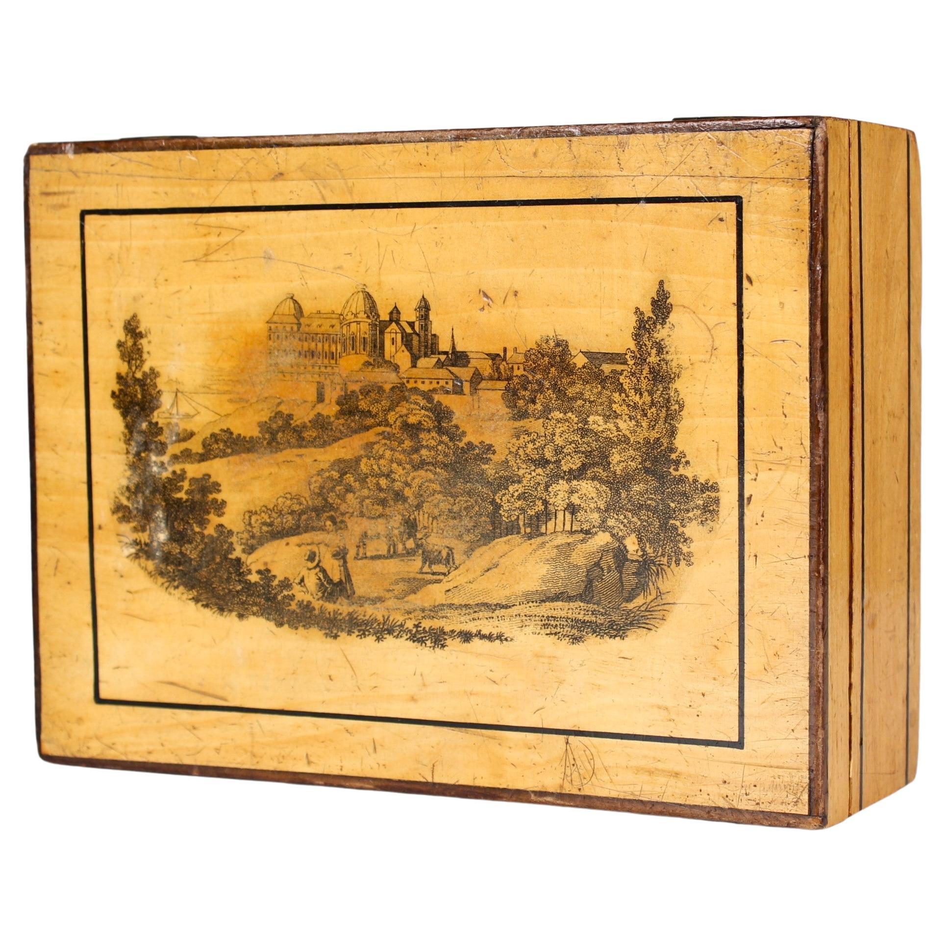 Boîte en bois ancienne avec technique d'impression par transfert, vers 1900 en vente