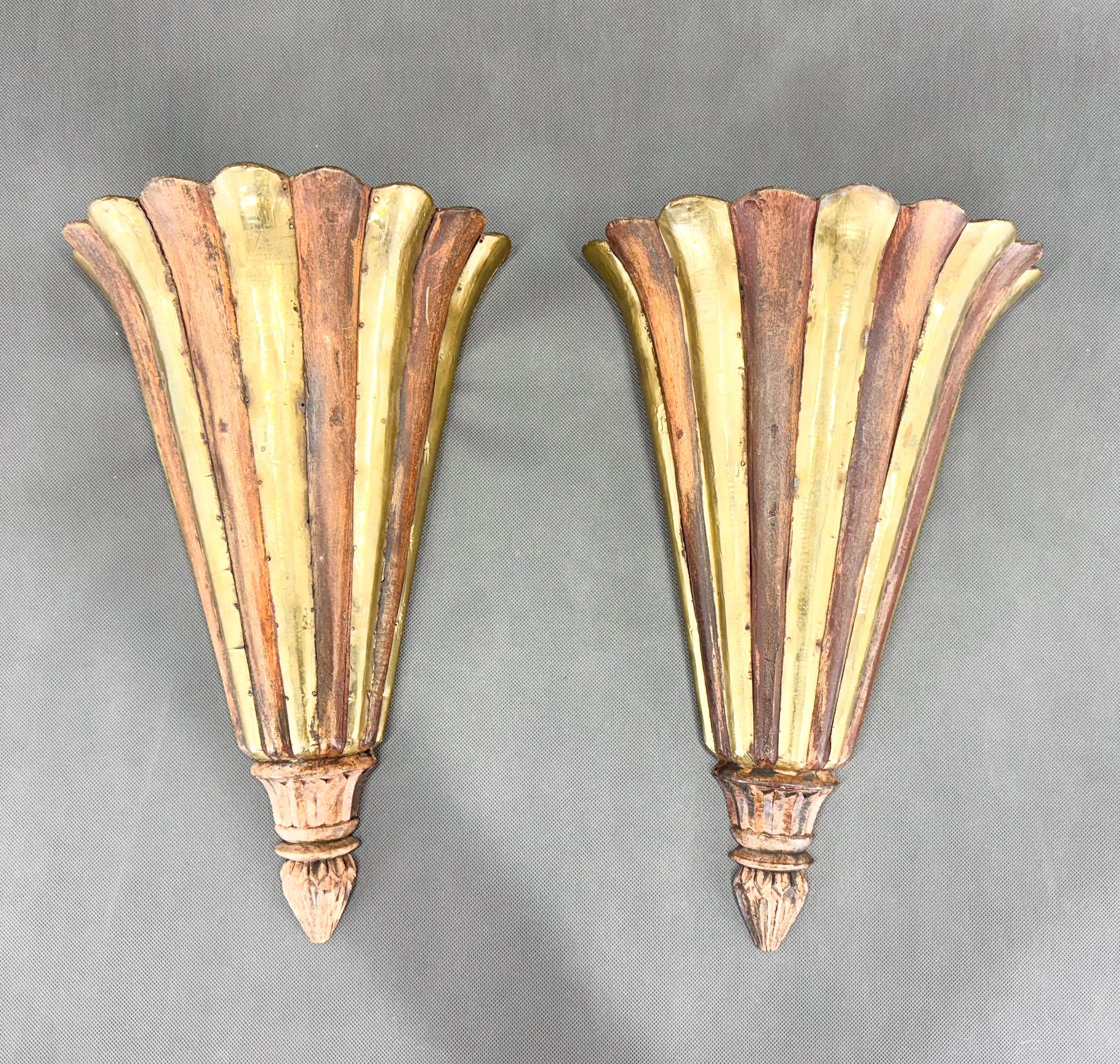Antique French wooden Art Deco wall mount carved shelves converted into wall lights. Very tasteful combination of old wood and brass. Luxurious antique look. 
Bulbs: 2 x 1 E26-E27. US wiring compatible.