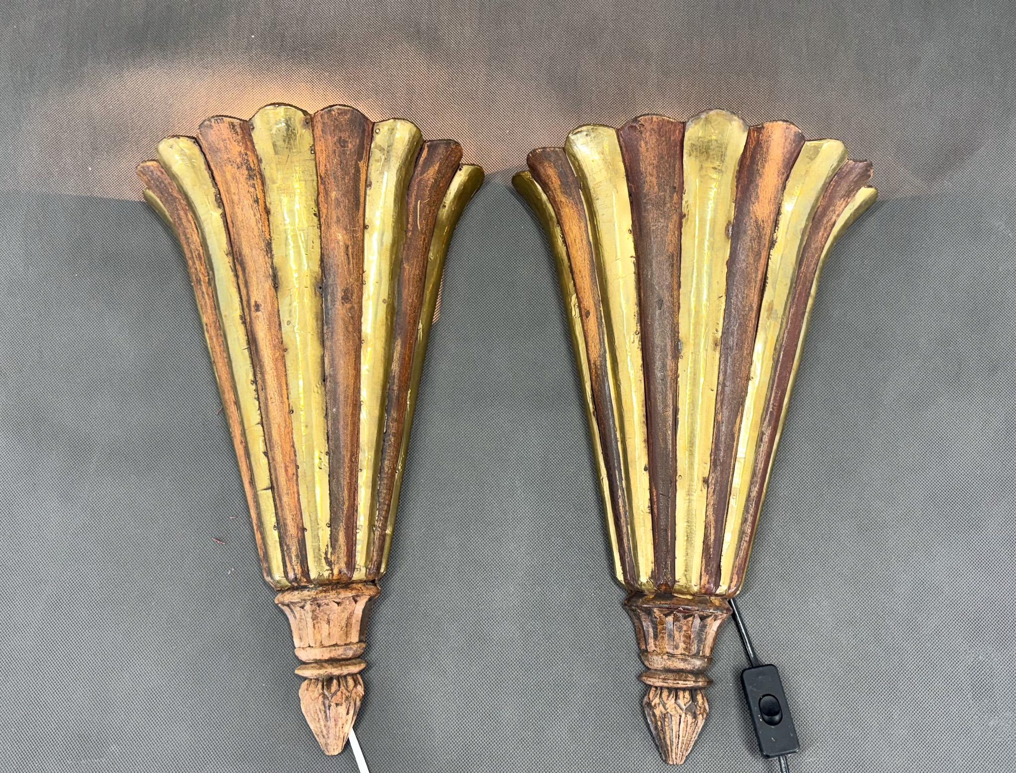 Antique Wood & Brass Wall Lights, France In Good Condition For Sale In Praha, CZ