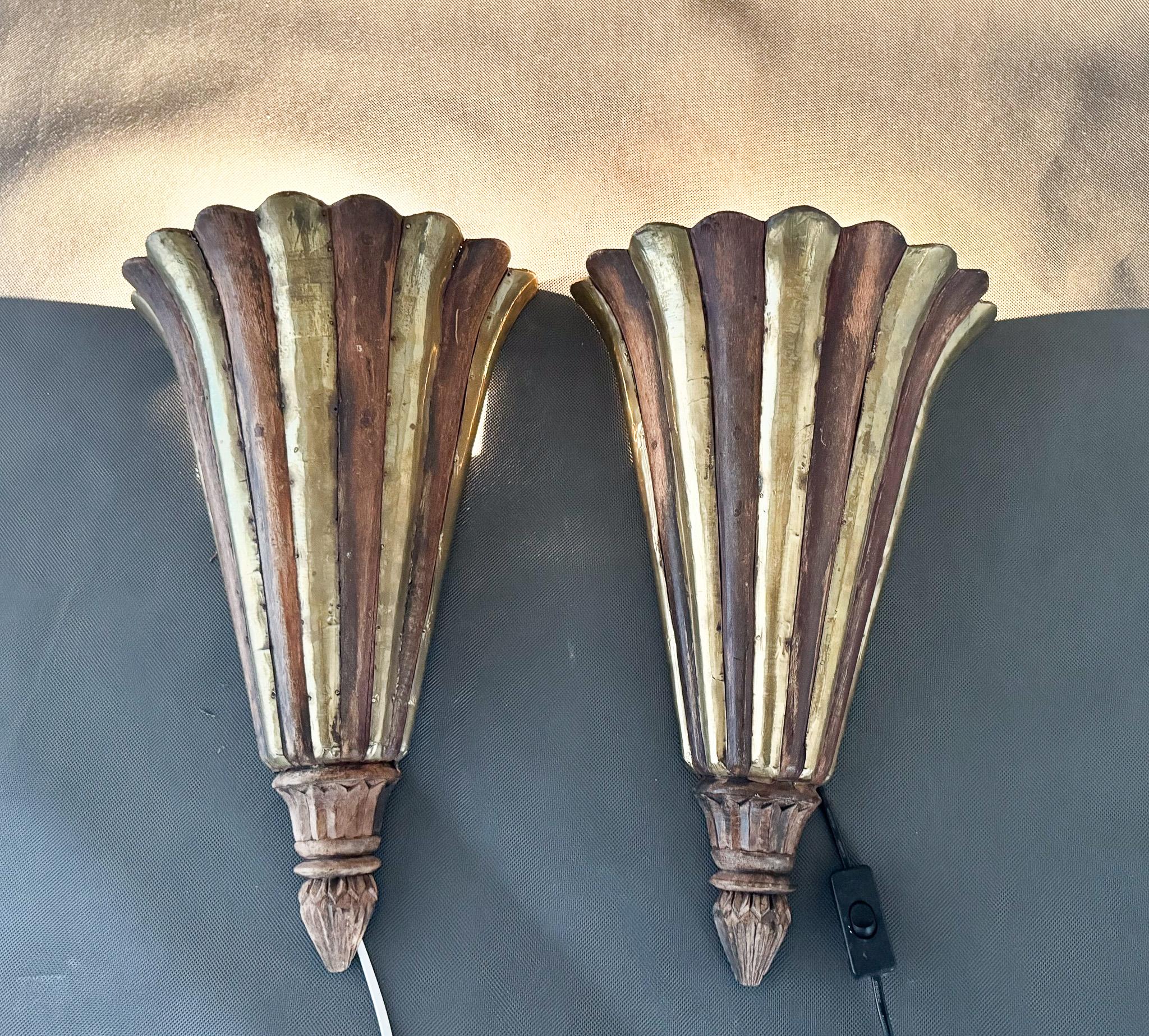 20th Century Antique Wood & Brass Wall Lights, France For Sale