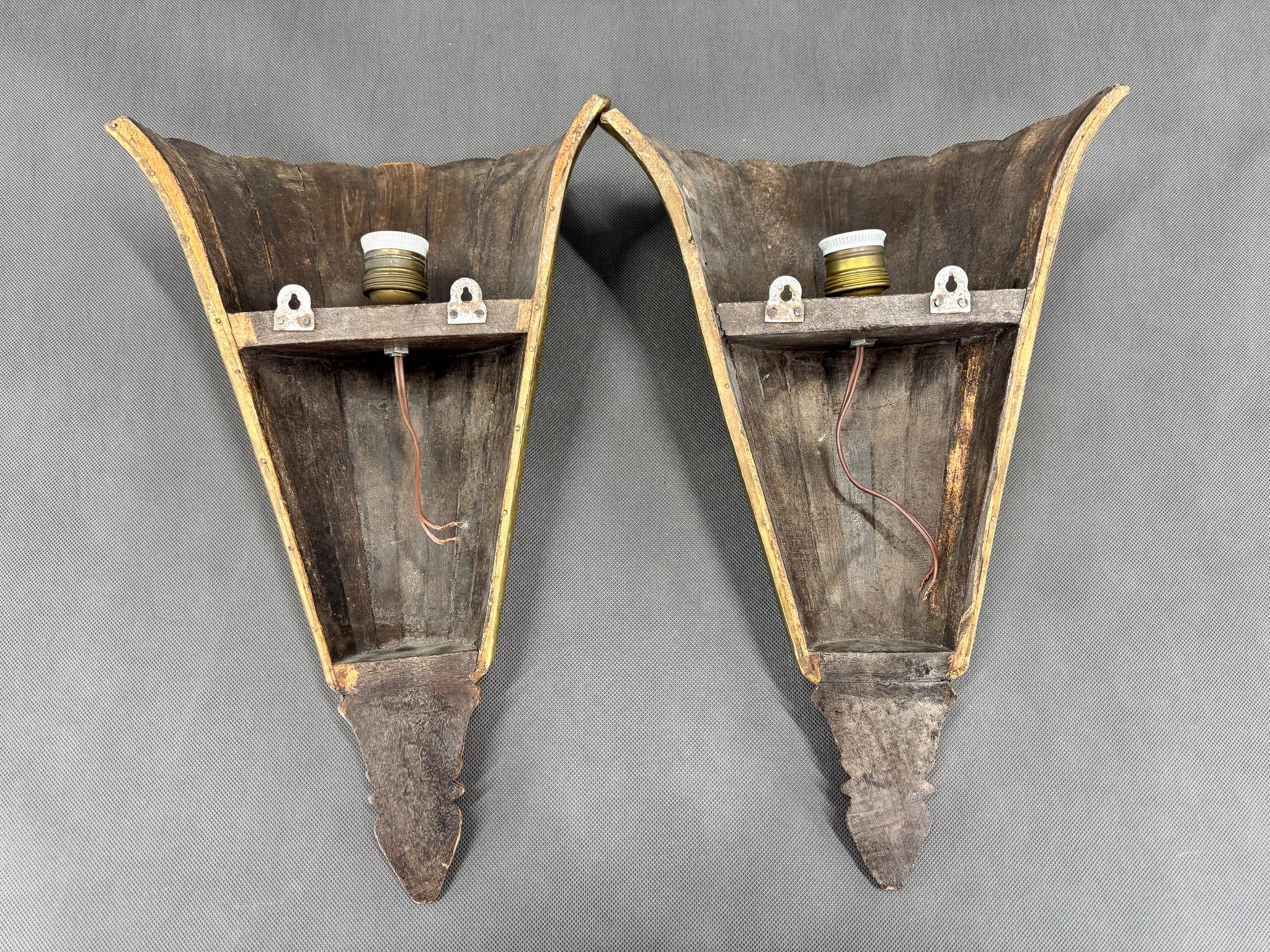 Antique Wood & Brass Wall Lights, France For Sale 3